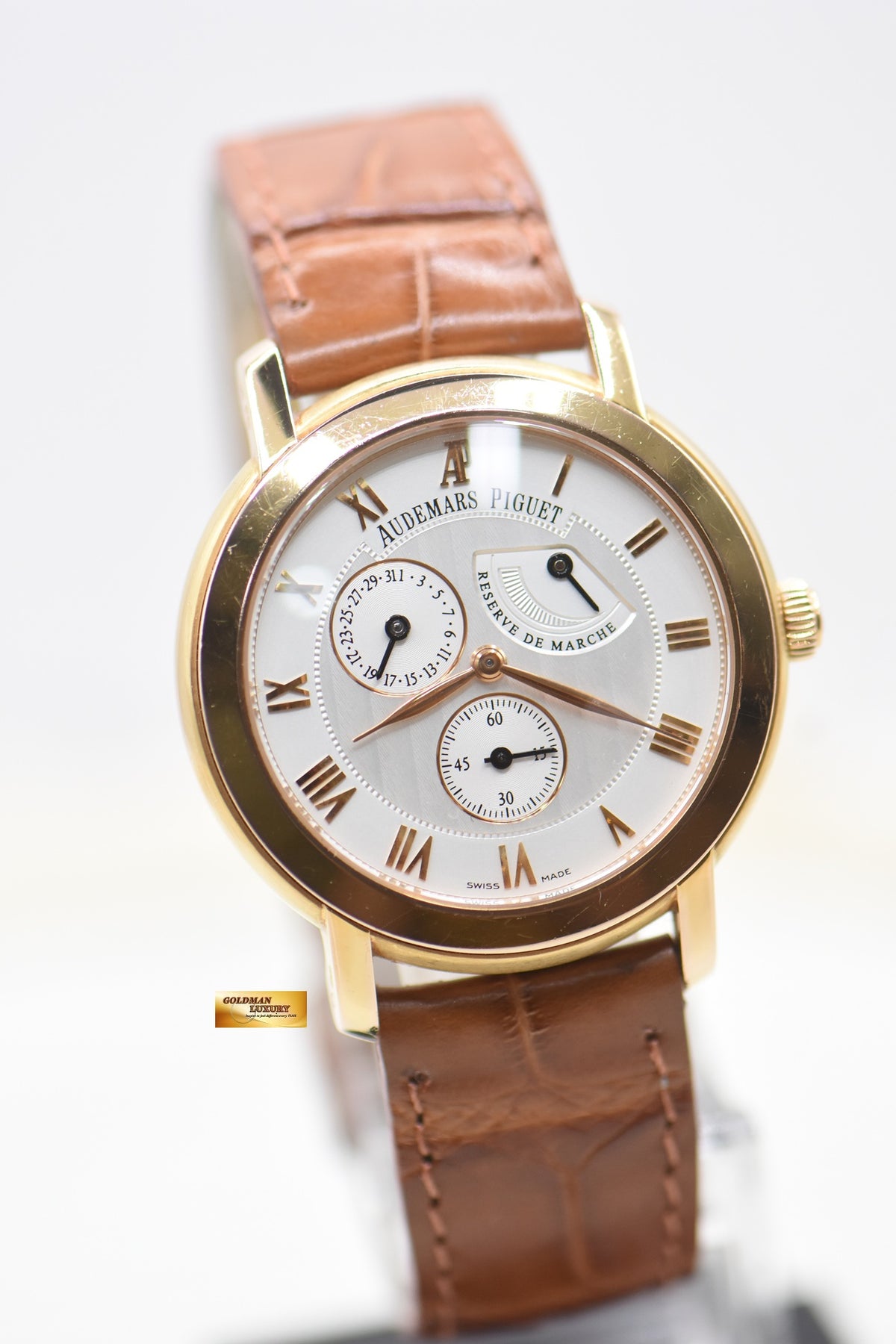 AP JULES AUDEMARS POWER RESERVE 36mm ROSE GOLD IN LEATHER STRAP MANUAL 25955OR (MINT)