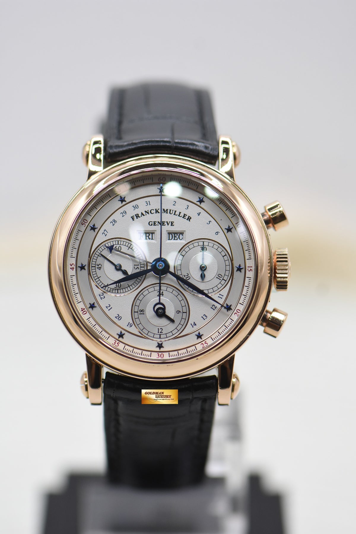 FRANCK MULLER TRIPLE CALENDAR CHRONOGRAPH 36mm YELLOW GOLD IN LEATHER STRAP MANUAL WINDING 7000 CC MC 36 (MINT)