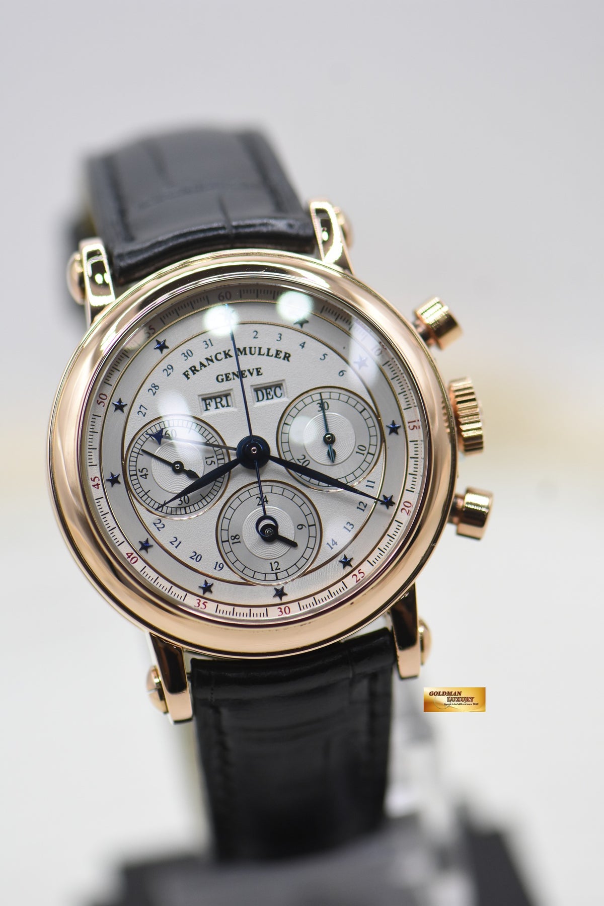 FRANCK MULLER TRIPLE CALENDAR CHRONOGRAPH 36mm YELLOW GOLD IN LEATHER STRAP MANUAL WINDING 7000 CC MC 36 (MINT)