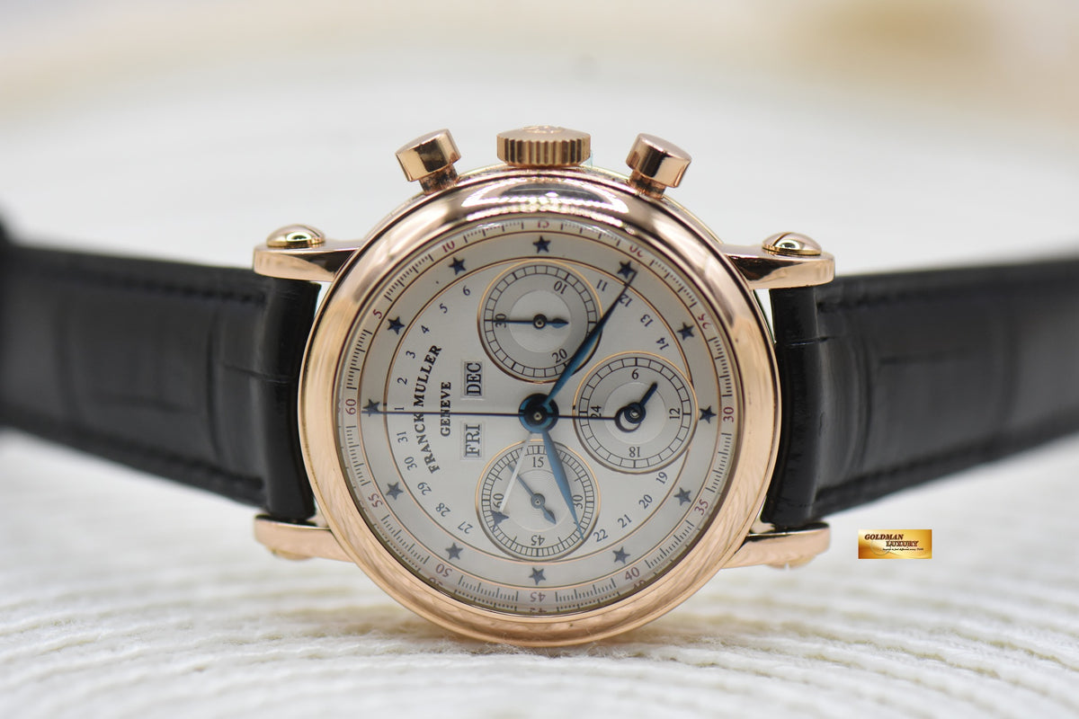 FRANCK MULLER TRIPLE CALENDAR CHRONOGRAPH 36mm YELLOW GOLD IN LEATHER STRAP MANUAL WINDING 7000 CC MC 36 (MINT)