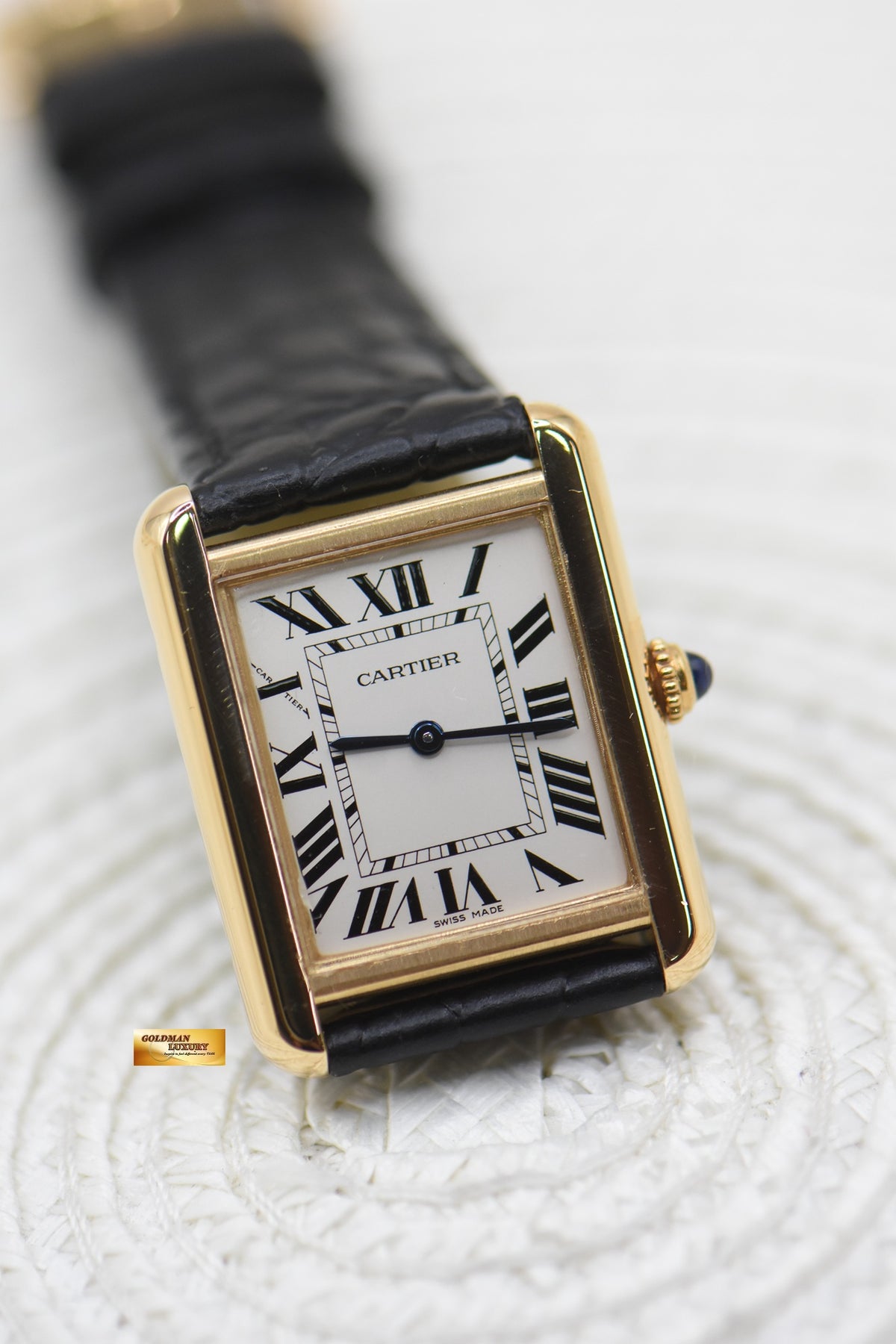 CARTIER TANK SOLO LADIES YELLOW GOLD IN LEATHER STRAP QUARTZ W5200002 (MINT)