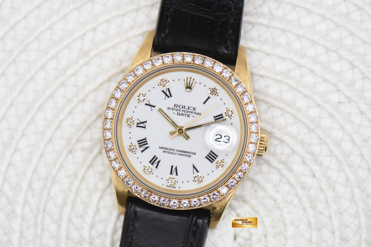ROLEX OYSTER DATE 34mm YELLOW GOLD WHITE ROMAN DIAMOND DIAL CUSTOM DIAMOND BEZEL 15038 (MINT)