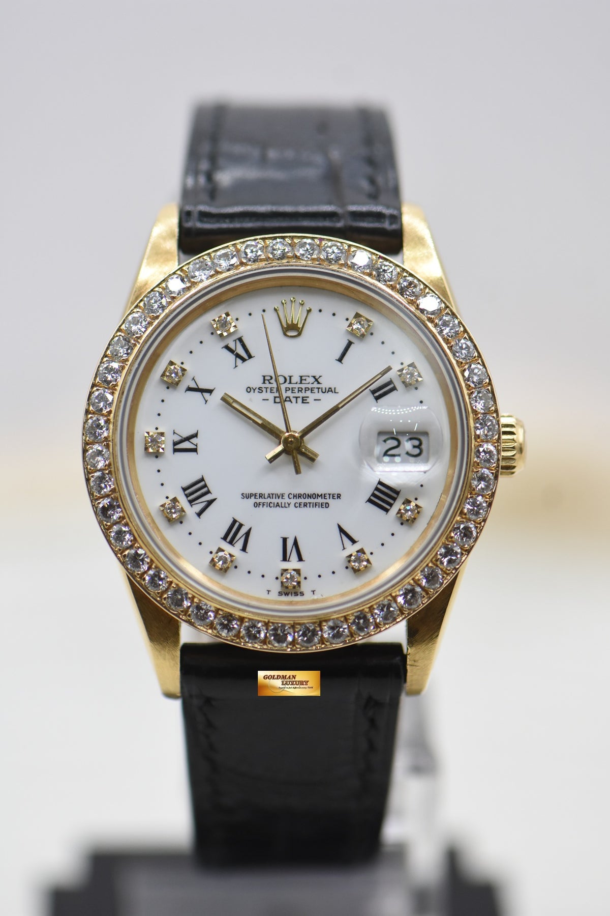 ROLEX OYSTER DATE 34mm YELLOW GOLD WHITE ROMAN DIAMOND DIAL CUSTOM DIAMOND BEZEL 15038 (MINT)