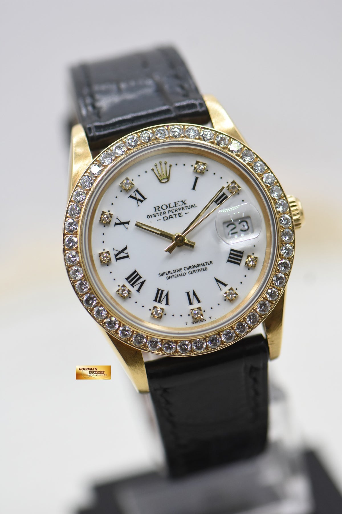 ROLEX OYSTER DATE 34mm YELLOW GOLD WHITE ROMAN DIAMOND DIAL CUSTOM DIAMOND BEZEL 15038 (MINT)