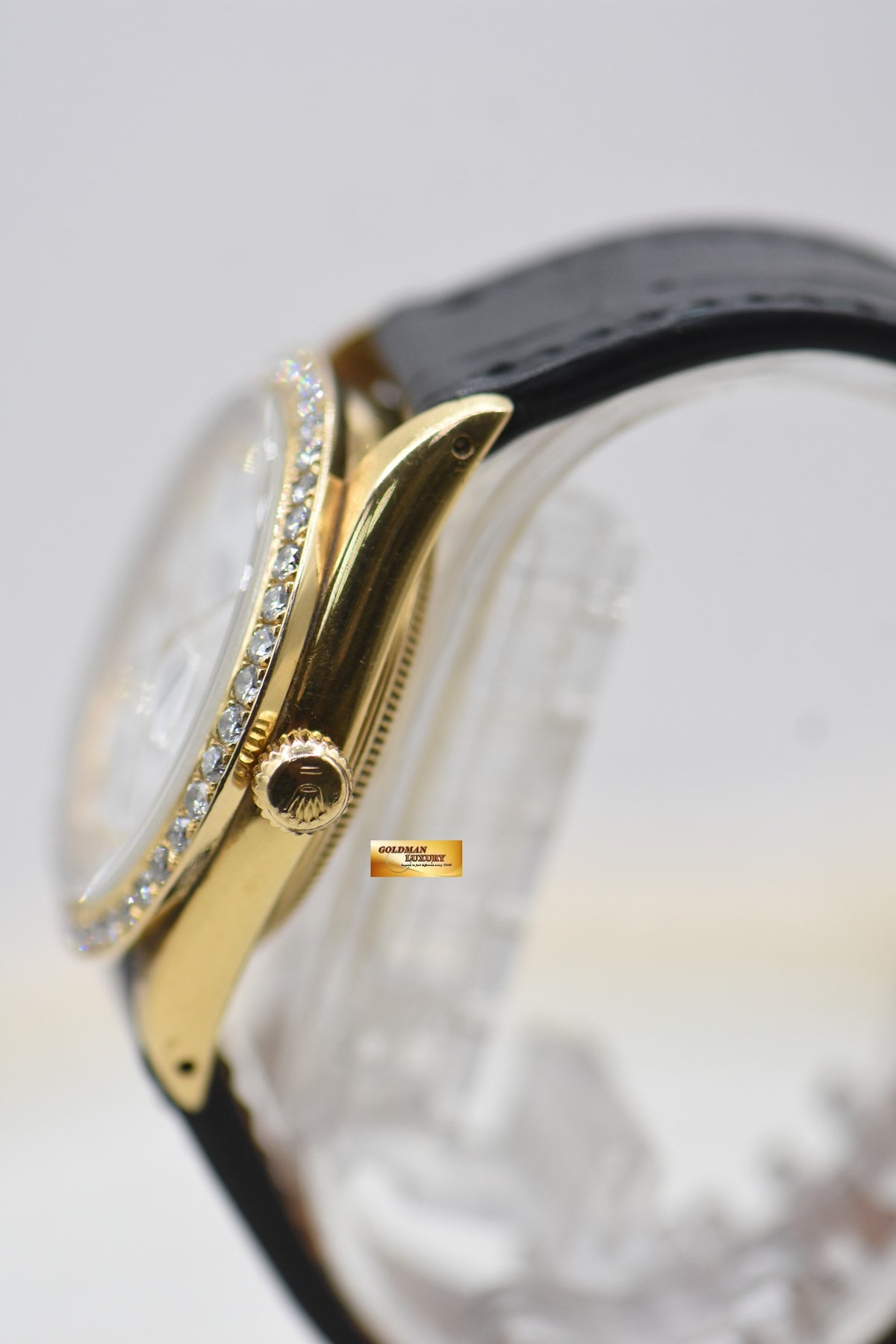 ROLEX OYSTER DATE 34mm YELLOW GOLD WHITE ROMAN DIAMOND DIAL CUSTOM DIAMOND BEZEL 15038 (MINT)