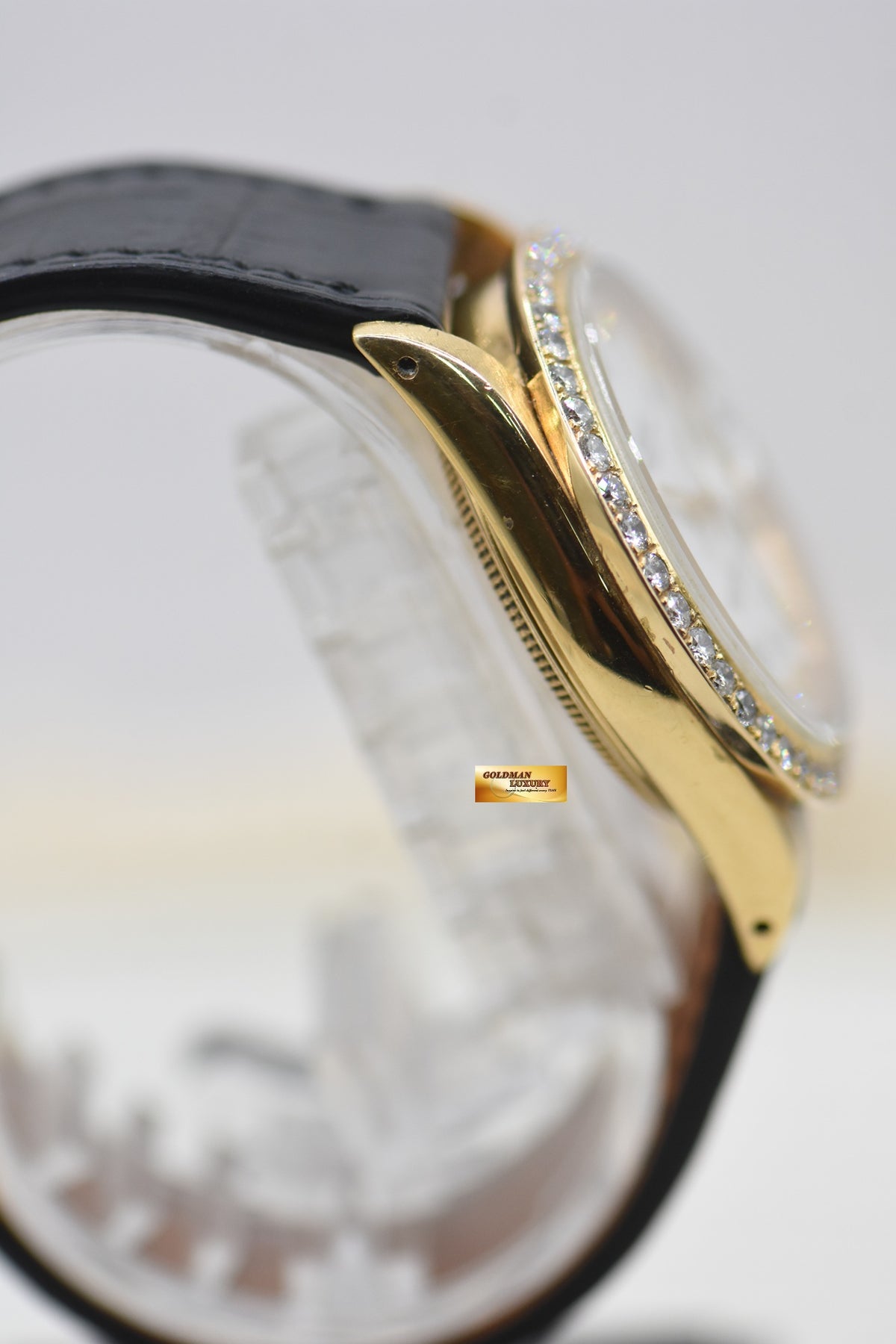 ROLEX OYSTER DATE 34mm YELLOW GOLD WHITE ROMAN DIAMOND DIAL CUSTOM DIAMOND BEZEL 15038 (MINT)