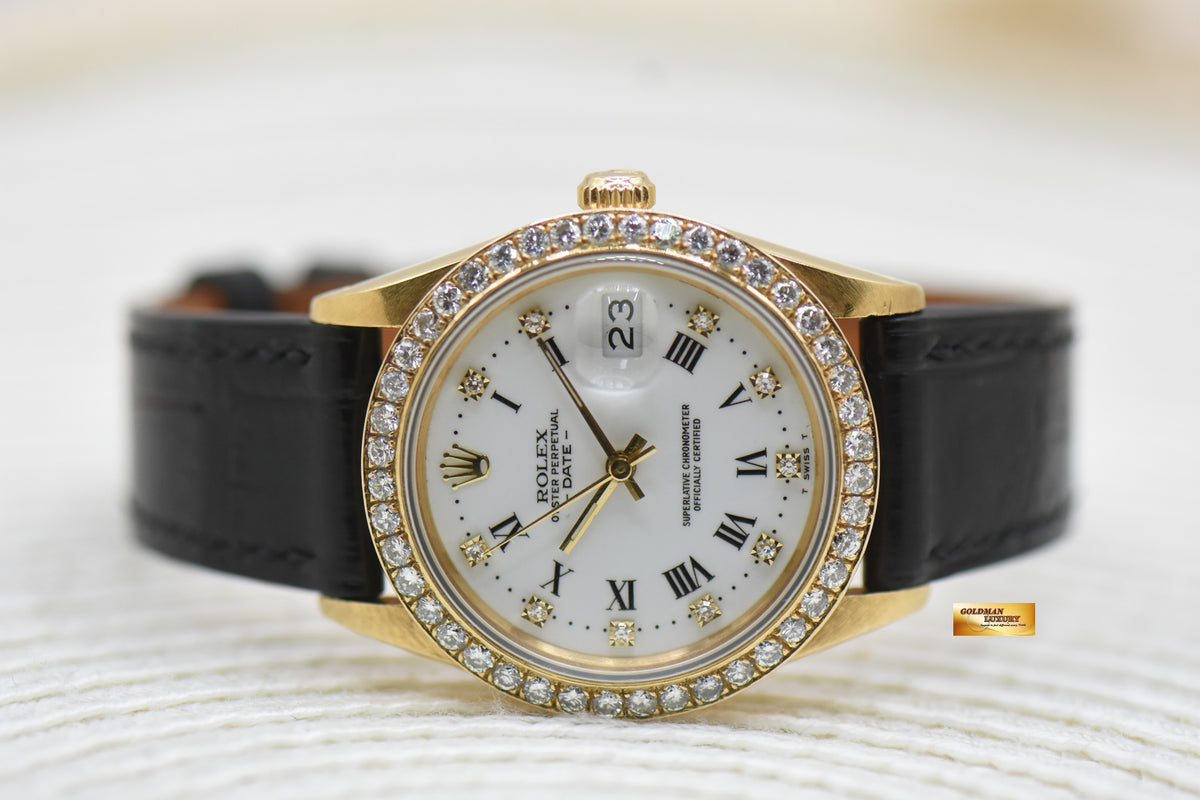 ROLEX OYSTER DATE 34mm YELLOW GOLD WHITE ROMAN DIAMOND DIAL CUSTOM DIAMOND BEZEL 15038 (MINT)