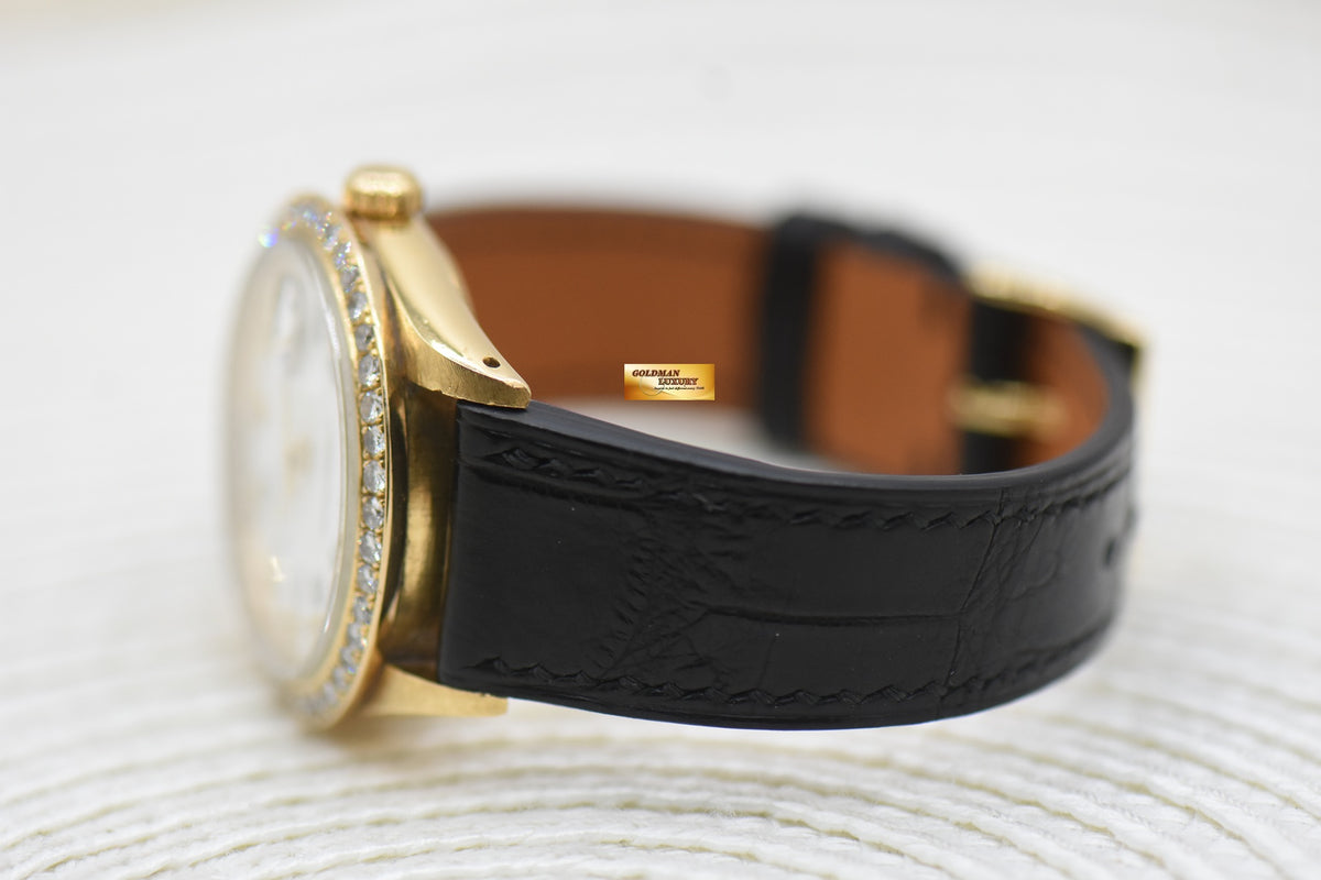 ROLEX OYSTER DATE 34mm YELLOW GOLD WHITE ROMAN DIAMOND DIAL CUSTOM DIAMOND BEZEL 15038 (MINT)