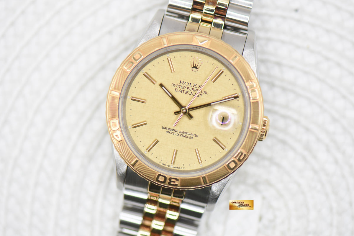 [SOLD] ROLEX OYSTER DATEJUST “THUNDERBIRD” 36mm HALF-GOLD JUBILEE BRACELET GOLD LINEN DIAL TURN-O-GRAPH BEZEL 16263 (MINT)