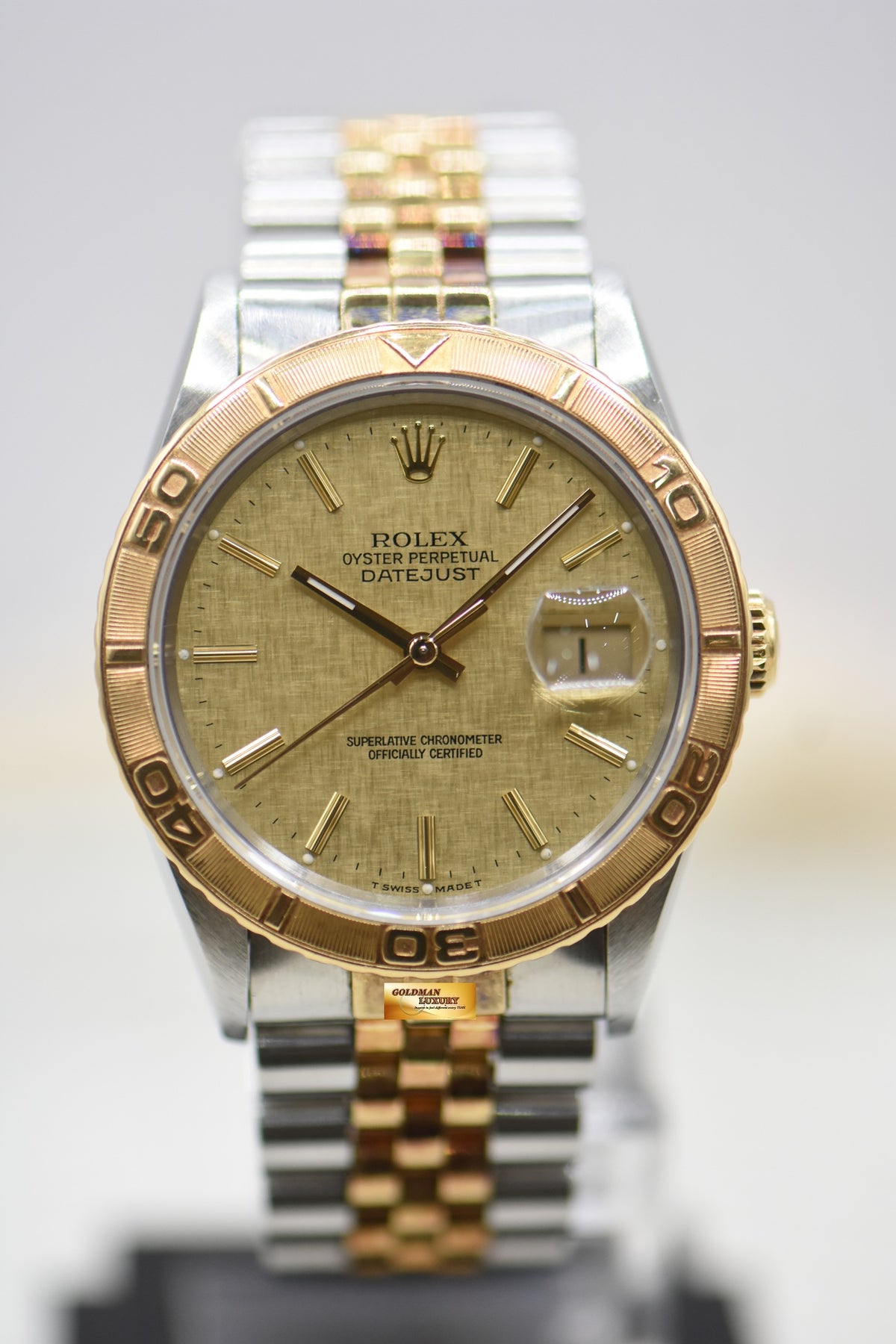 [SOLD] ROLEX OYSTER DATEJUST “THUNDERBIRD” 36mm HALF-GOLD JUBILEE BRACELET GOLD LINEN DIAL TURN-O-GRAPH BEZEL 16263 (MINT)