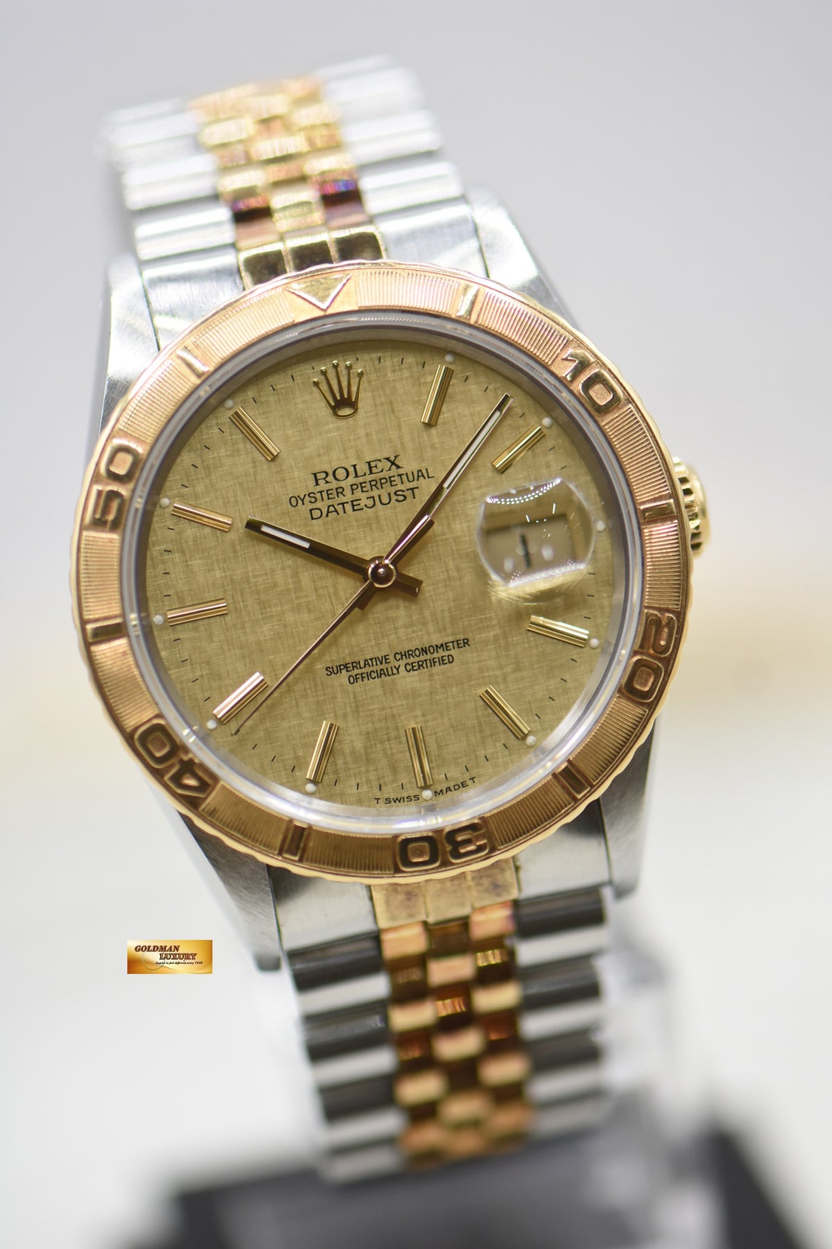 [SOLD] ROLEX OYSTER DATEJUST “THUNDERBIRD” 36mm HALF-GOLD JUBILEE BRACELET GOLD LINEN DIAL TURN-O-GRAPH BEZEL 16263 (MINT)
