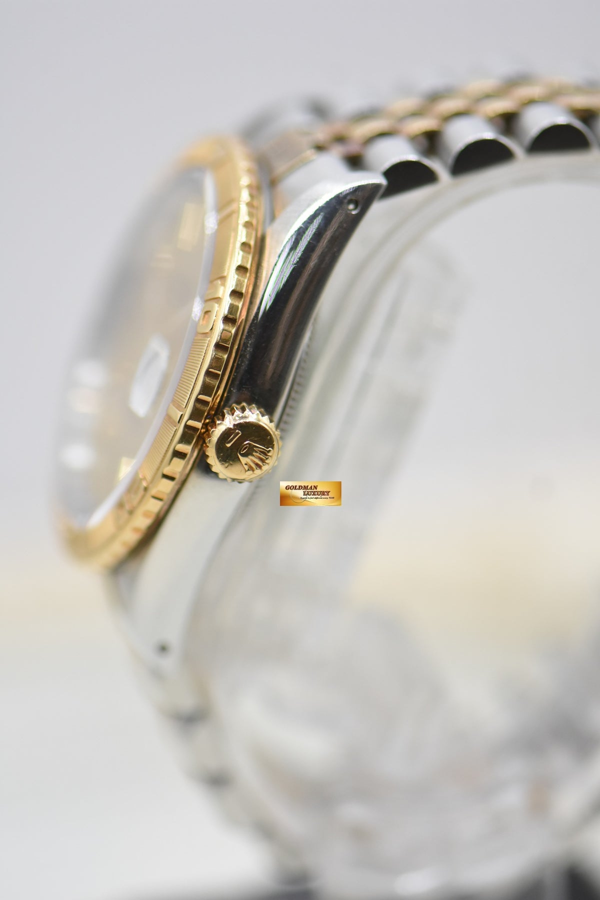 [SOLD] ROLEX OYSTER DATEJUST “THUNDERBIRD” 36mm HALF-GOLD JUBILEE BRACELET GOLD LINEN DIAL TURN-O-GRAPH BEZEL 16263 (MINT)