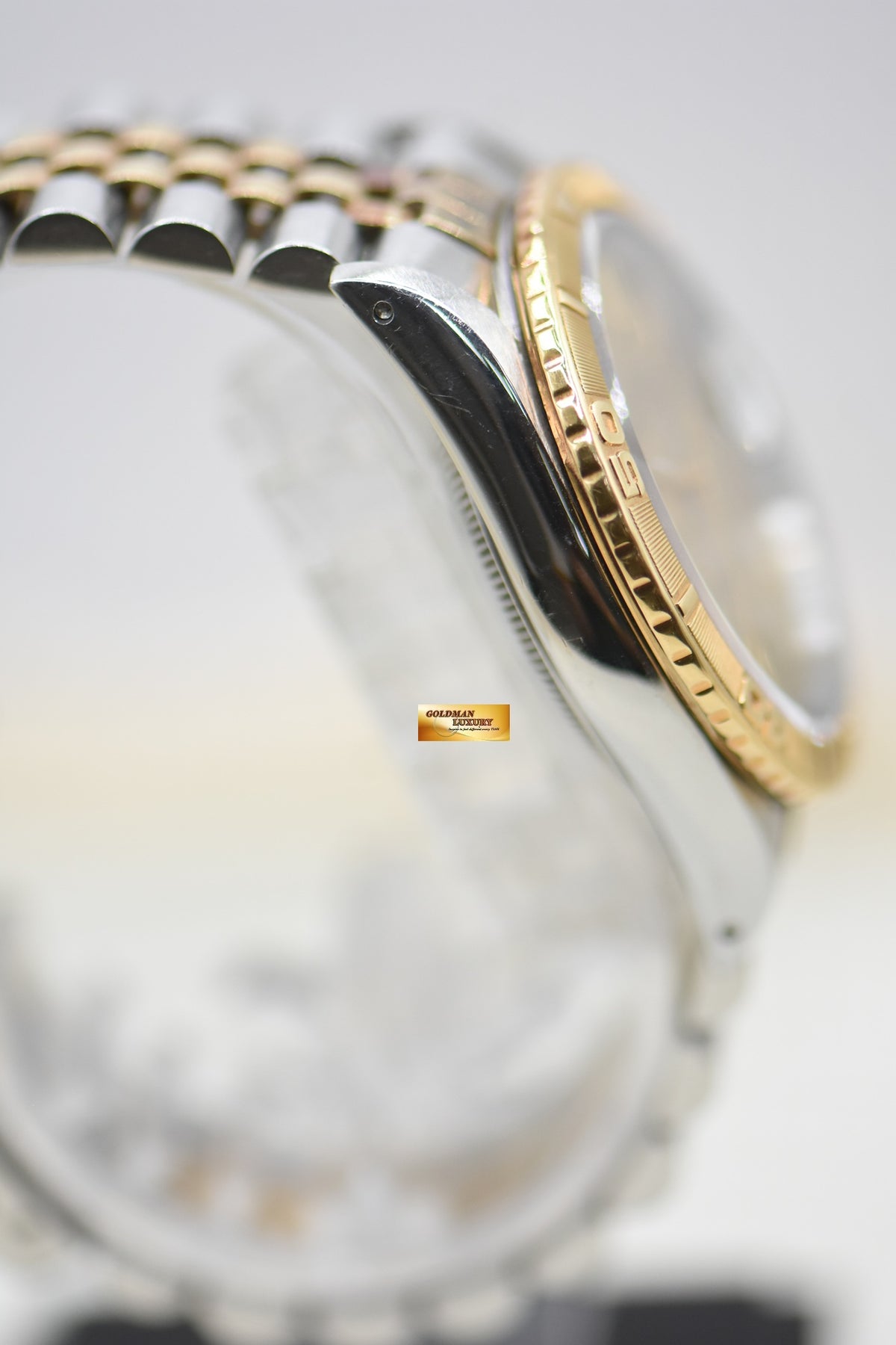 [SOLD] ROLEX OYSTER DATEJUST “THUNDERBIRD” 36mm HALF-GOLD JUBILEE BRACELET GOLD LINEN DIAL TURN-O-GRAPH BEZEL 16263 (MINT)