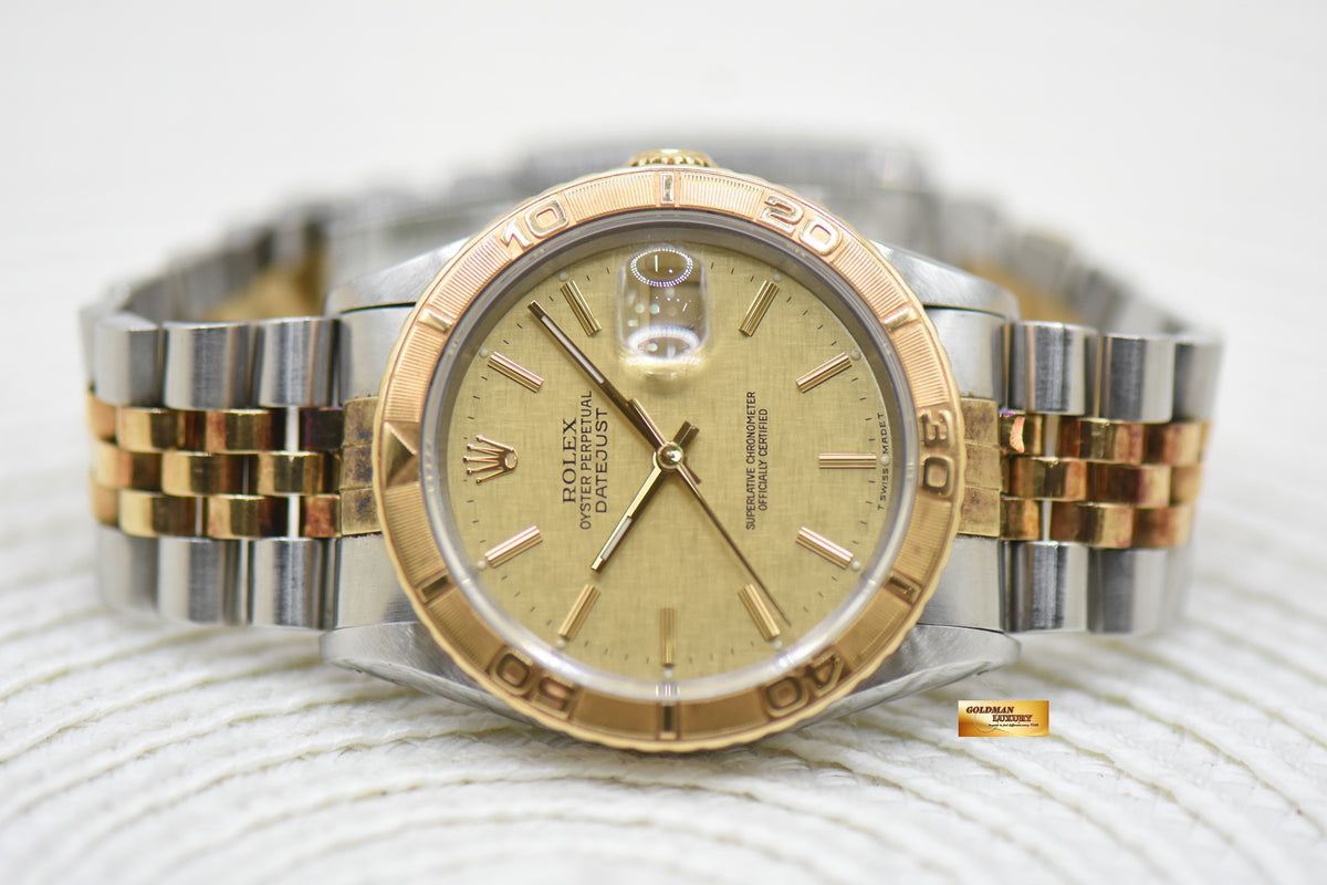 [SOLD] ROLEX OYSTER DATEJUST “THUNDERBIRD” 36mm HALF-GOLD JUBILEE BRACELET GOLD LINEN DIAL TURN-O-GRAPH BEZEL 16263 (MINT)