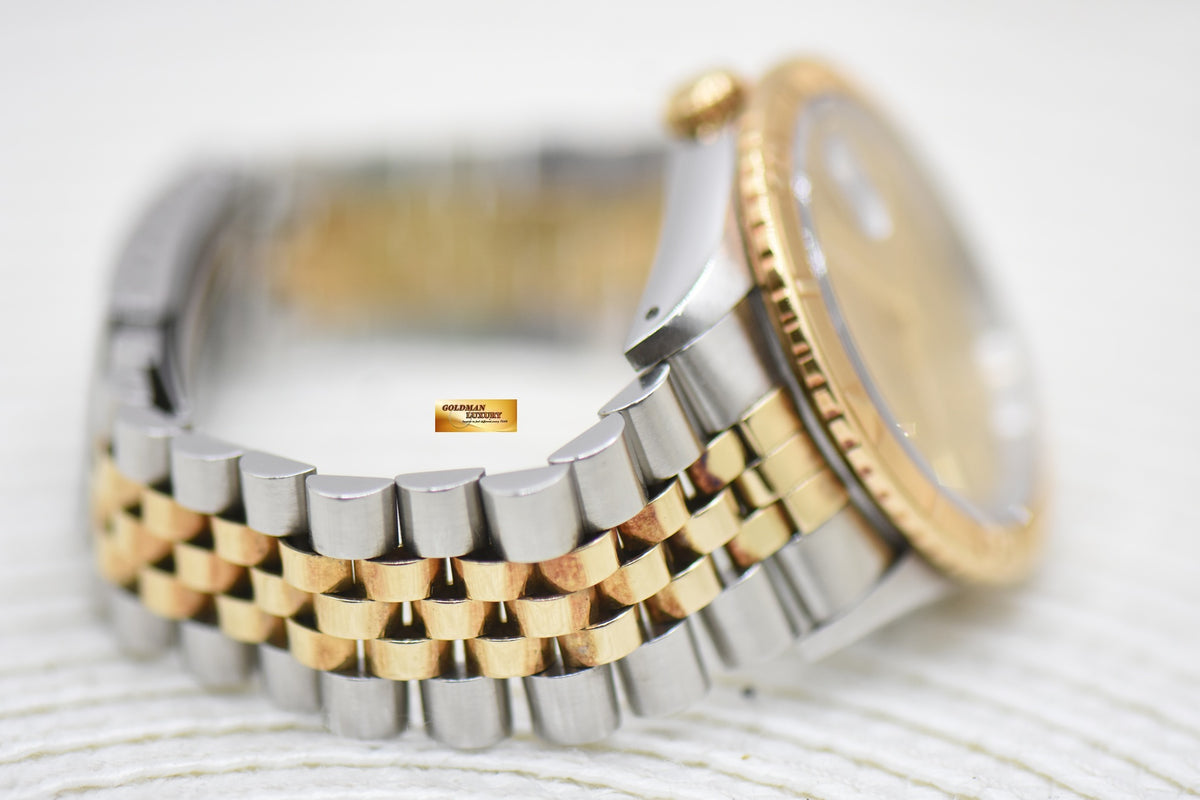 [SOLD] ROLEX OYSTER DATEJUST “THUNDERBIRD” 36mm HALF-GOLD JUBILEE BRACELET GOLD LINEN DIAL TURN-O-GRAPH BEZEL 16263 (MINT)