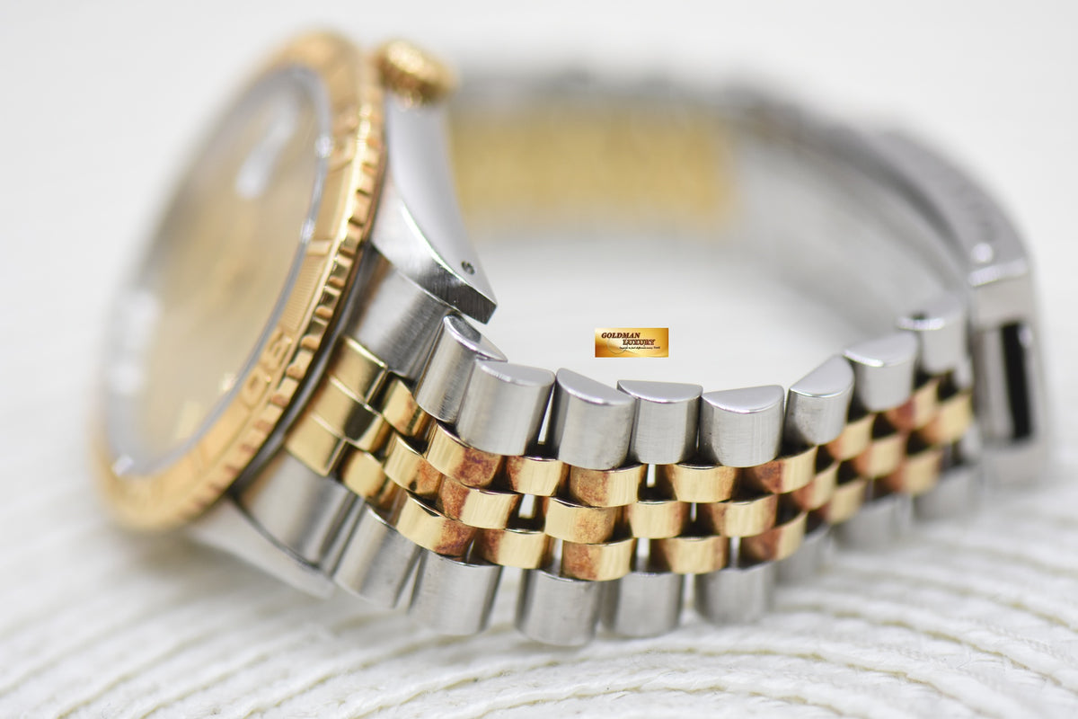 [SOLD] ROLEX OYSTER DATEJUST “THUNDERBIRD” 36mm HALF-GOLD JUBILEE BRACELET GOLD LINEN DIAL TURN-O-GRAPH BEZEL 16263 (MINT)