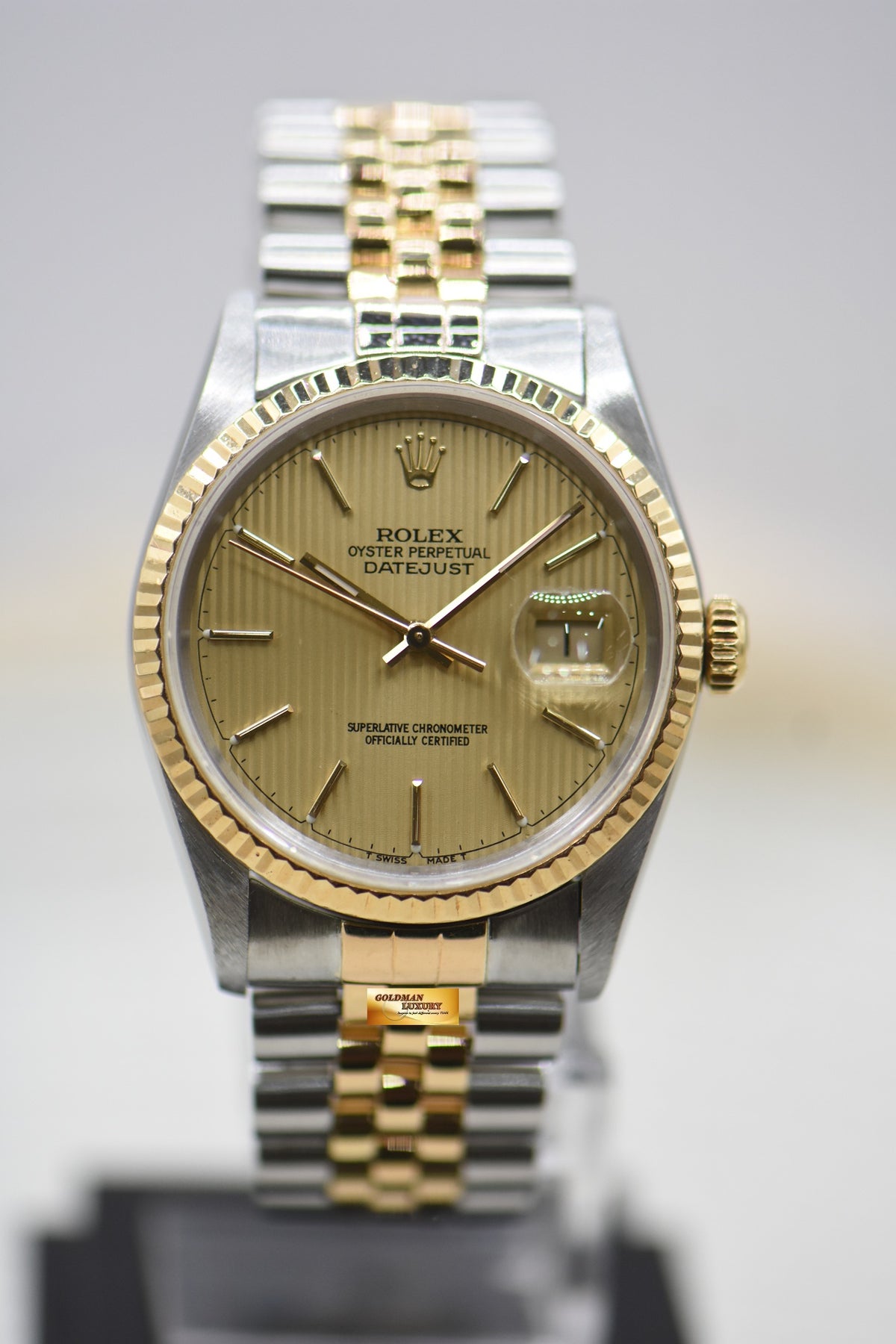 [SOLD] ROLEX OYSTER DATEJUST 36mm HALF-GOLD JUBILEE BRACELET GOLD TAPESTRY DIAL 16233 (MINT)