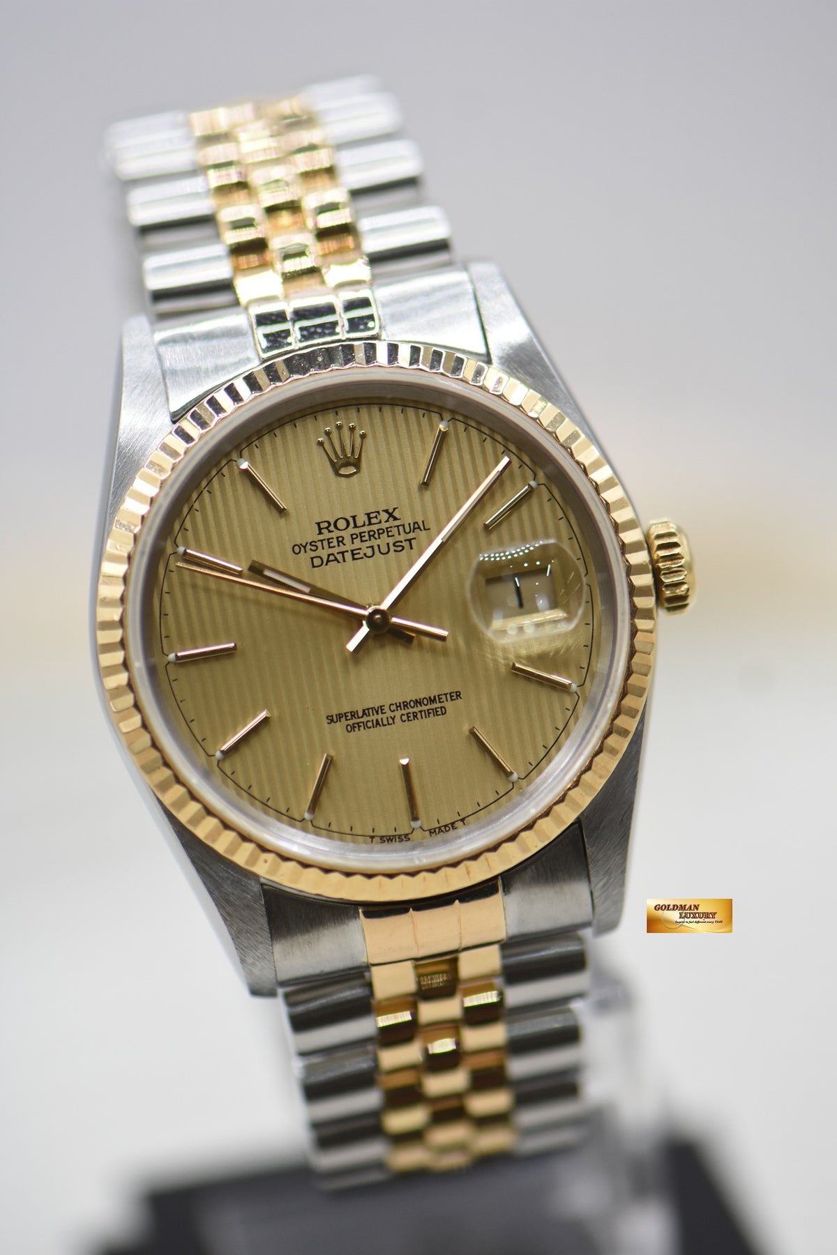 [SOLD] ROLEX OYSTER DATEJUST 36mm HALF-GOLD JUBILEE BRACELET GOLD TAPESTRY DIAL 16233 (MINT)