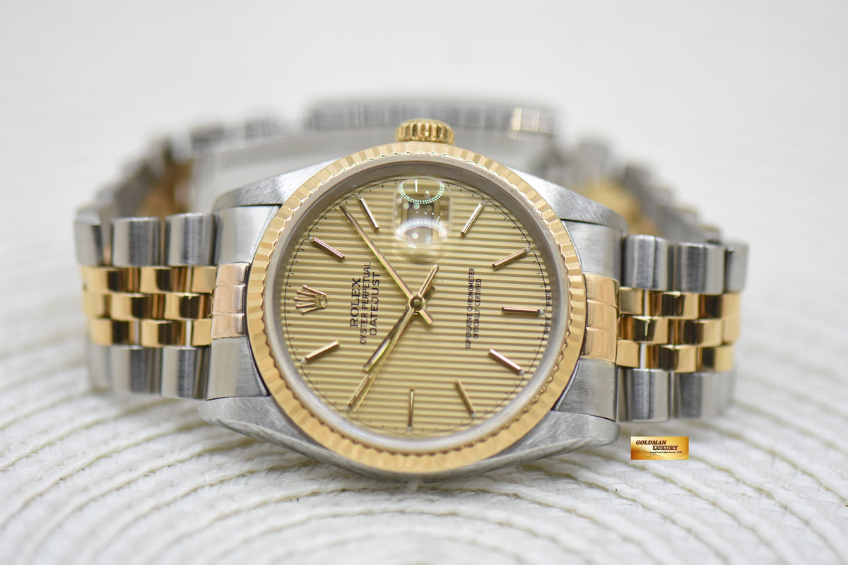 [SOLD] ROLEX OYSTER DATEJUST 36mm HALF-GOLD JUBILEE BRACELET GOLD TAPESTRY DIAL 16233 (MINT)