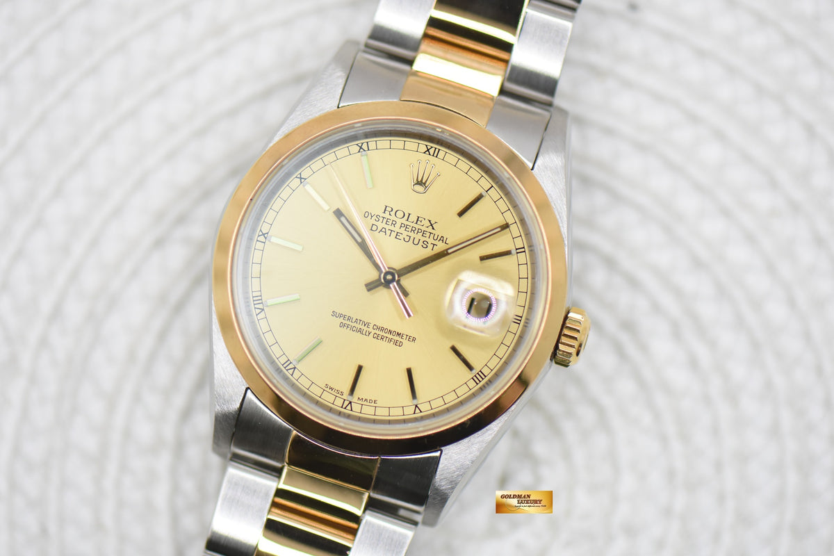 [SOLD] ROLEX OYSTER DATEJUST 36mm HALF-GOLD IN OYSTER BRACELET GOLD DIAL 16203 (MINT)