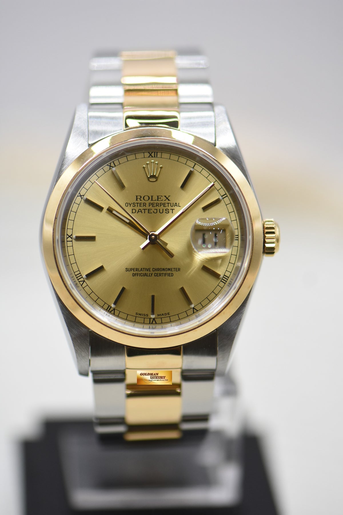 [SOLD] ROLEX OYSTER DATEJUST 36mm HALF-GOLD IN OYSTER BRACELET GOLD DIAL 16203 (MINT)