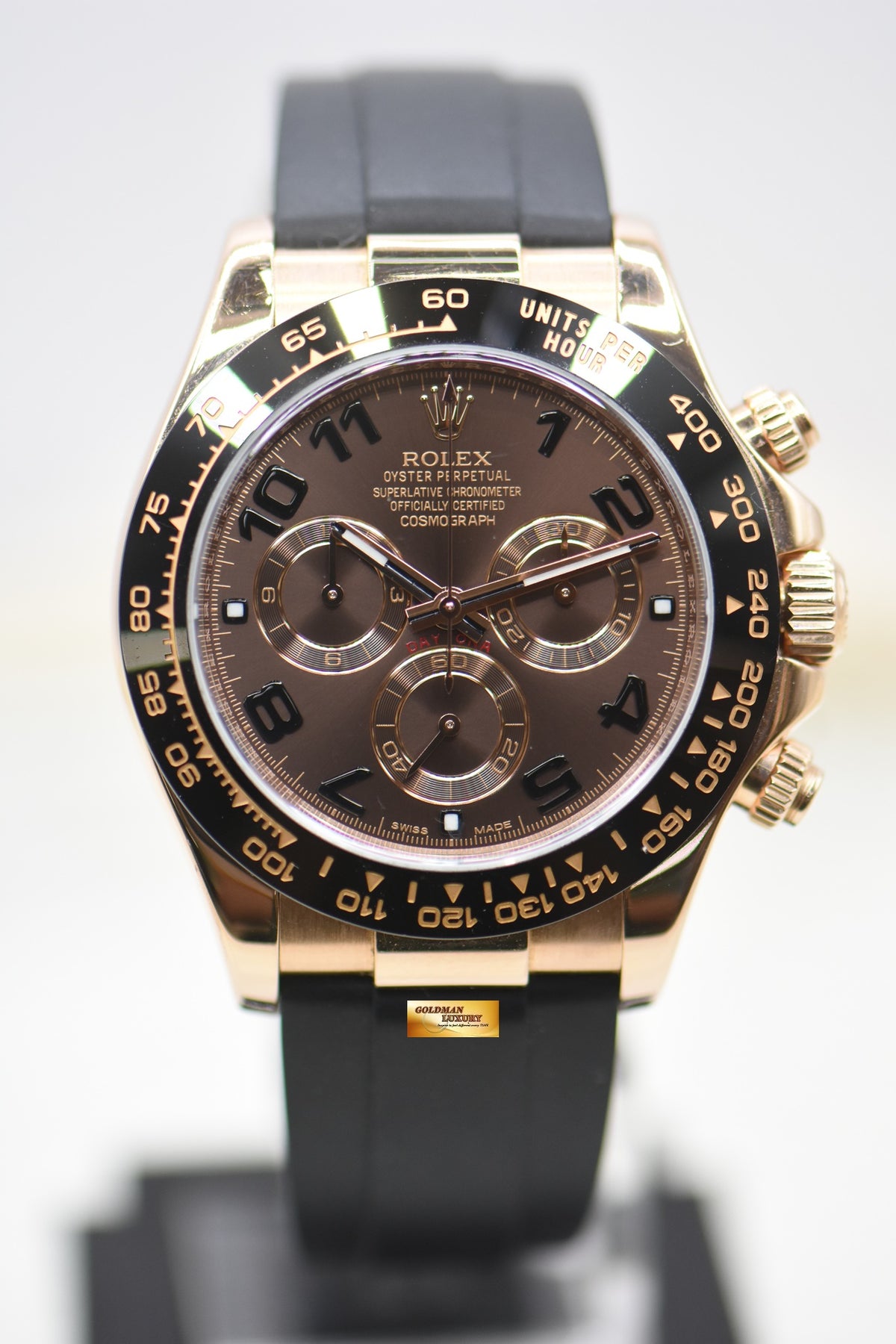 [SOLD] ROLEX OYSTER PERPETUAL DAYTONA EVEROSE GOLD IN RUBBER STRAP BROWN ARABIC DIAL 116515 (MINT)