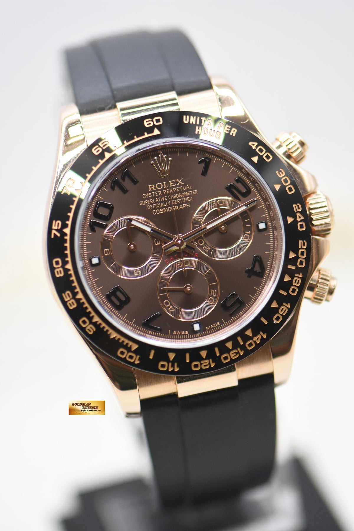 [SOLD] ROLEX OYSTER PERPETUAL DAYTONA EVEROSE GOLD IN RUBBER STRAP BROWN ARABIC DIAL 116515 (MINT)