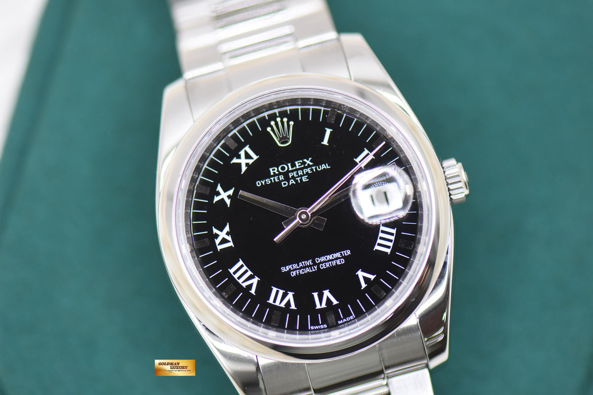 ROLEX OYSTER DATE 34mm STEEL OYSTER BRACELET BLACK ROMAN DIAL 115200 (MINT)