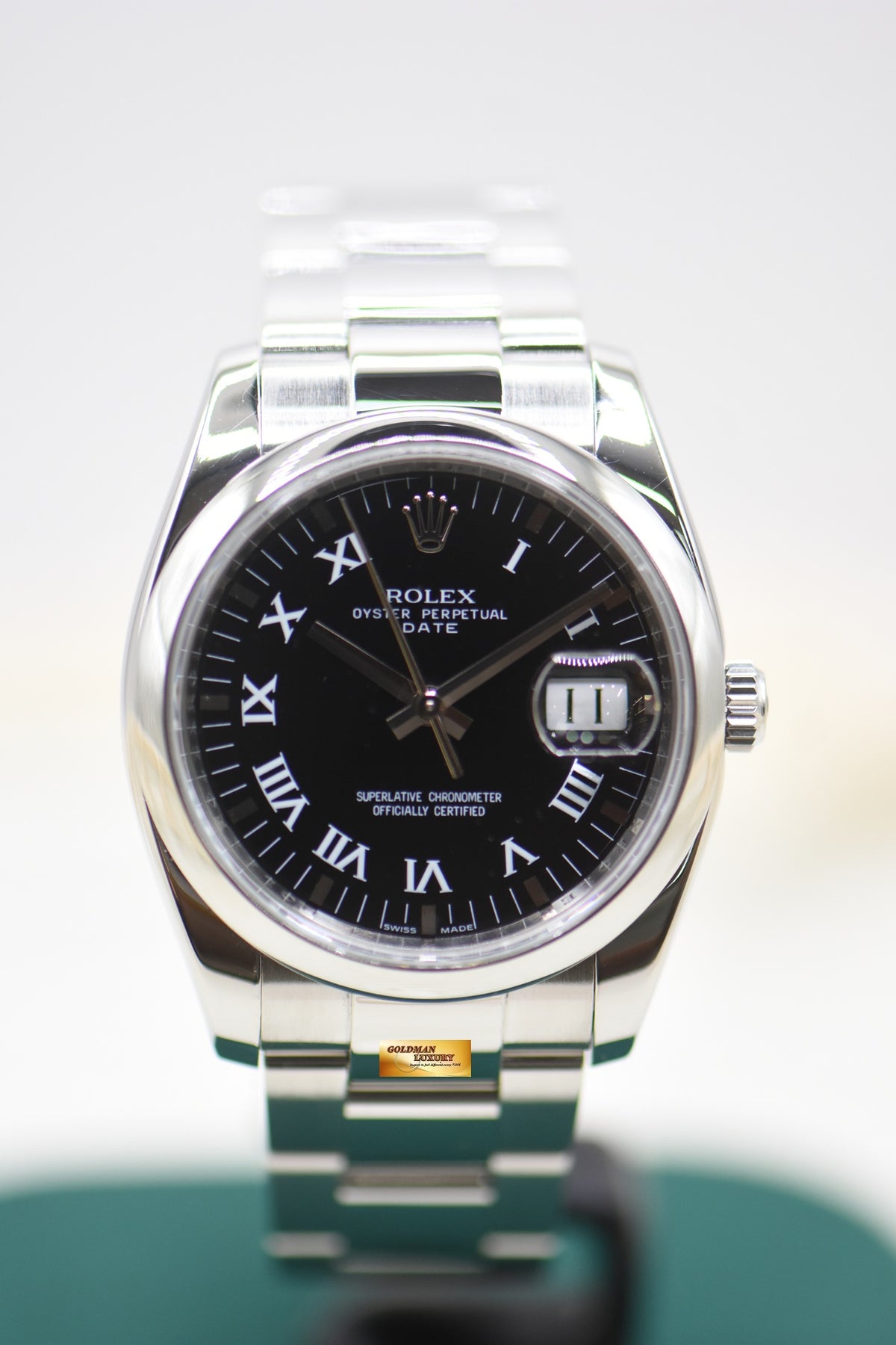 ROLEX OYSTER DATE 34mm STEEL OYSTER BRACELET BLACK ROMAN DIAL 115200 (MINT)