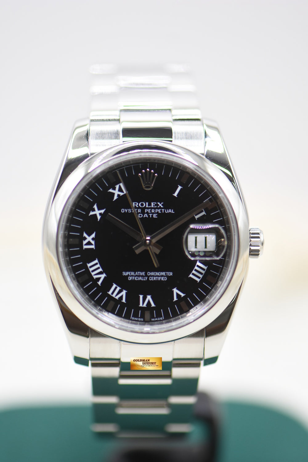 ROLEX OYSTER DATE 34mm STEEL OYSTER BRACELET BLACK ROMAN DIAL 115200 (MINT)