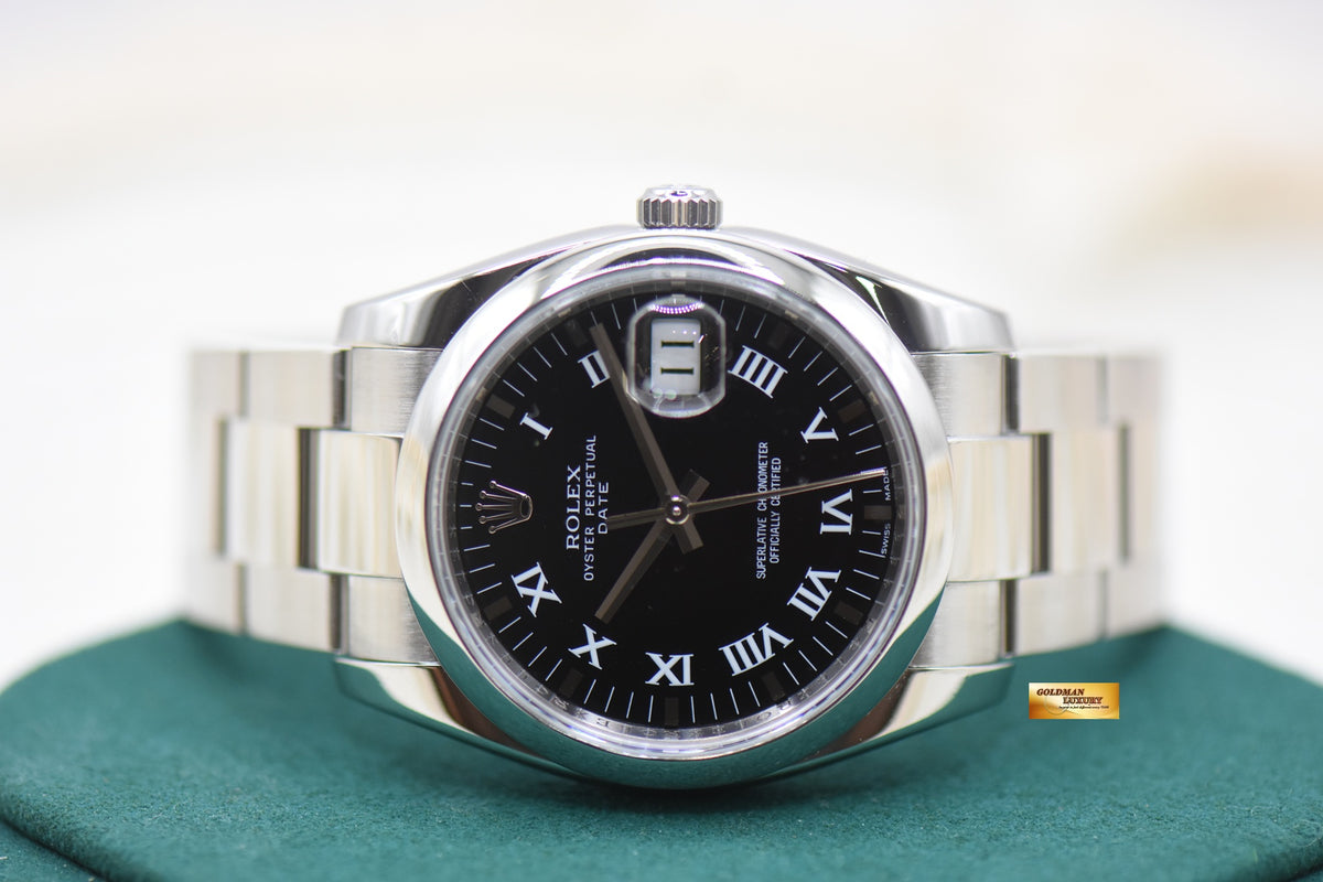 ROLEX OYSTER DATE 34mm STEEL OYSTER BRACELET BLACK ROMAN DIAL 115200 (MINT)