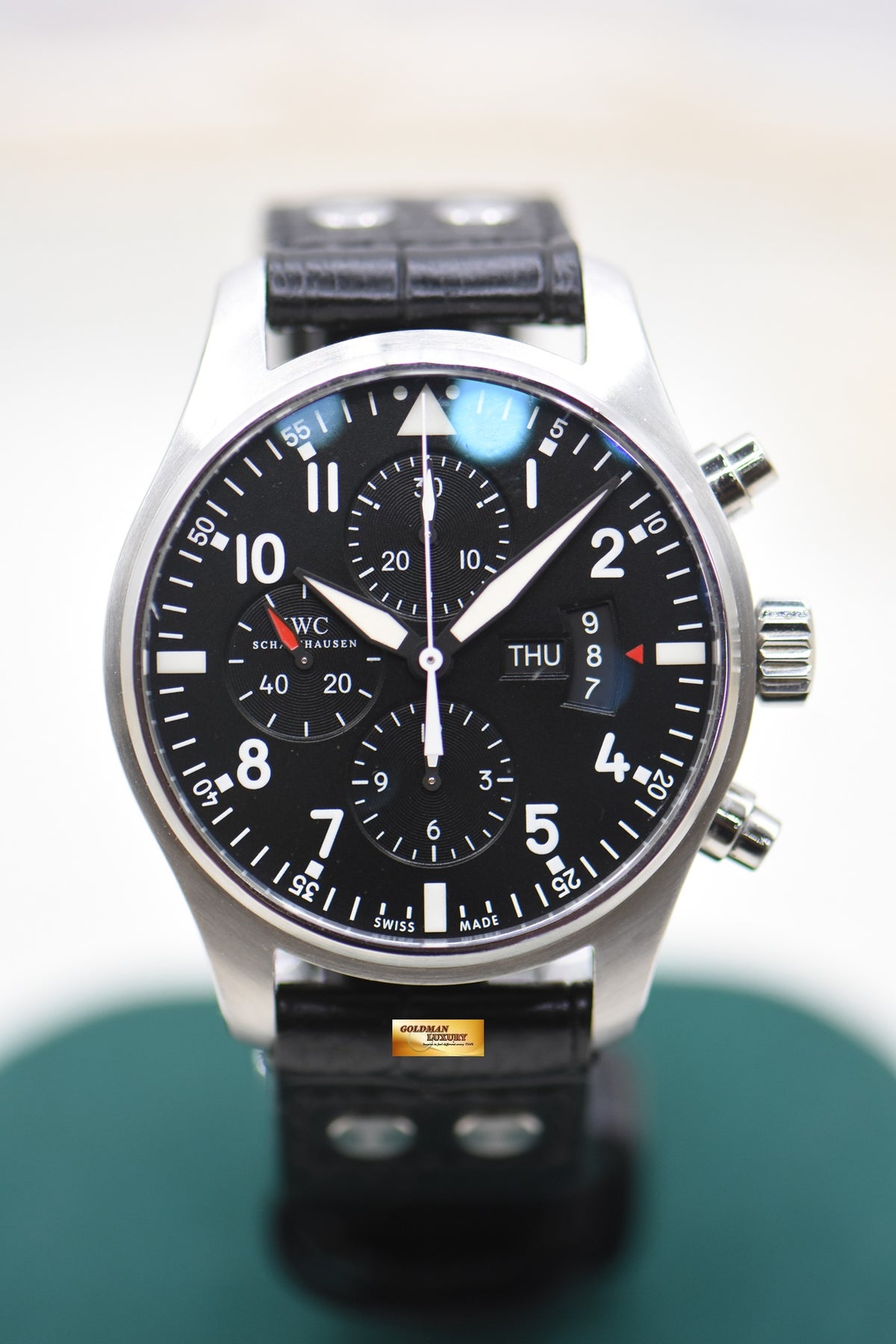 IWC PILOT CHRONOGRAPH 43mm STEEL BLACK IN LEATHER STRAP AUTOMATIC IW3777-01 (MINT)