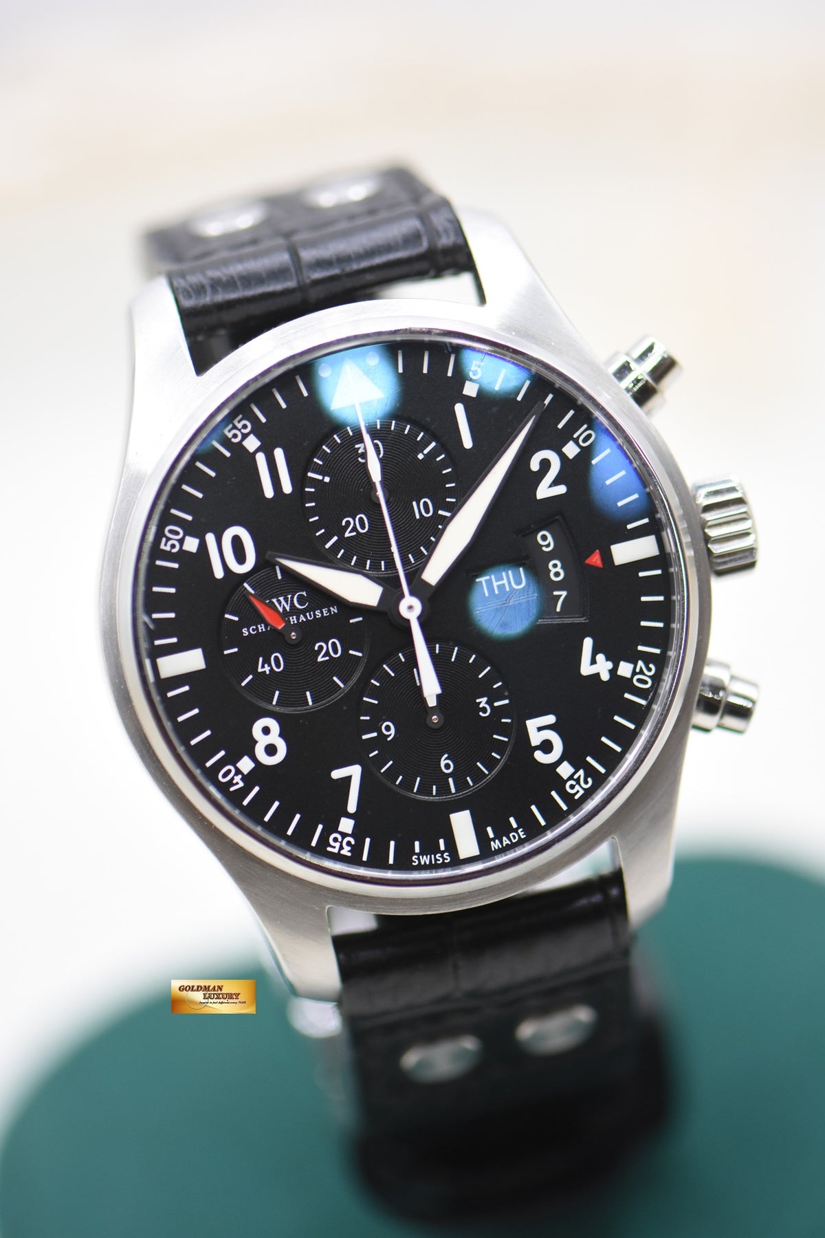 IWC PILOT CHRONOGRAPH 43mm STEEL BLACK IN LEATHER STRAP AUTOMATIC IW3777-01 (MINT)