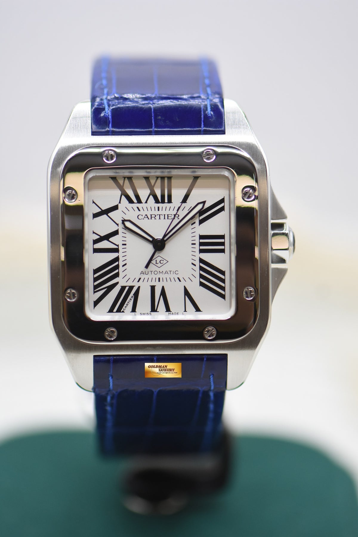 CARTIER SANTOS 100XL STEEL IN LEATHER BLUE STRAP AUTOMATIC W20073X8 (LNIB) (<LC> Collaborateur Series)