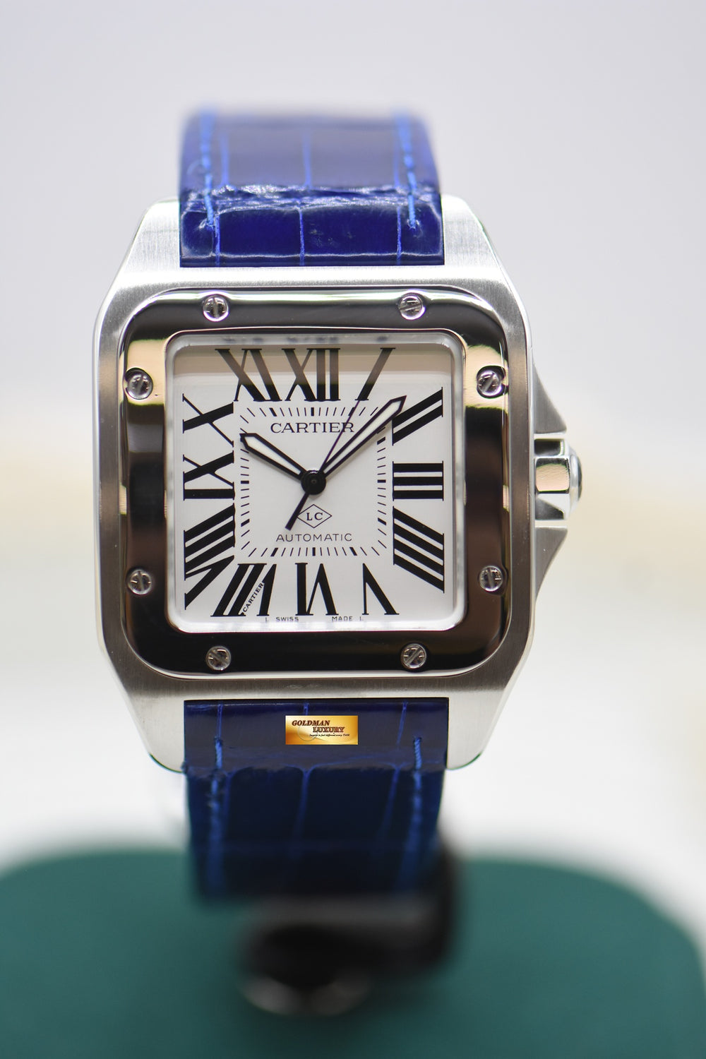 CARTIER SANTOS 100XL STEEL IN LEATHER BLUE STRAP AUTOMATIC W20073X8 (LNIB) (<LC> Collaborateur Series)