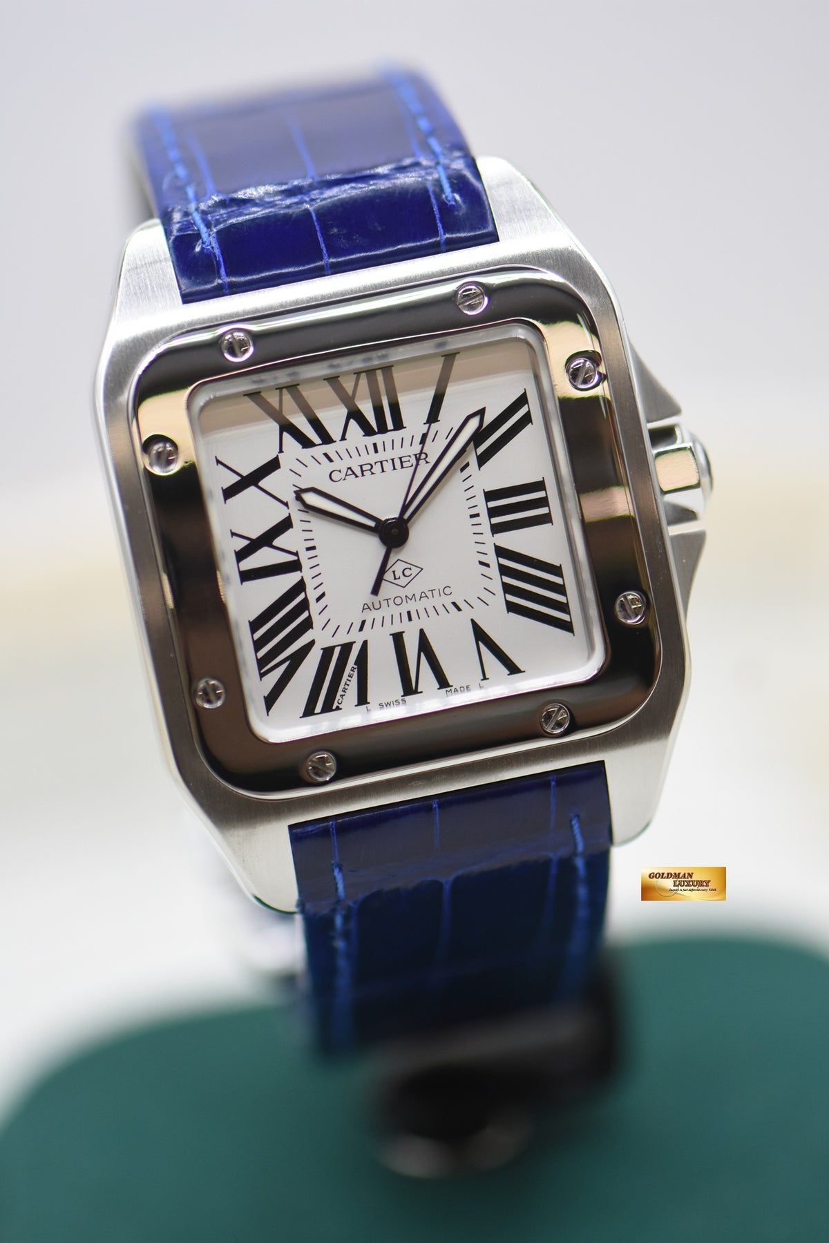 CARTIER SANTOS 100XL STEEL IN LEATHER BLUE STRAP AUTOMATIC W20073X8 (LNIB) (<LC> Collaborateur Series)