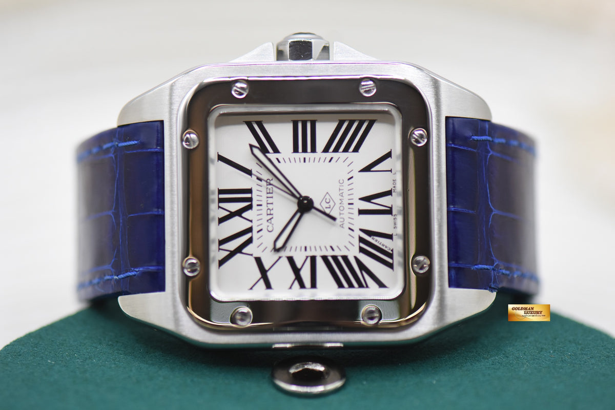 CARTIER SANTOS 100XL STEEL IN LEATHER BLUE STRAP AUTOMATIC W20073X8 (LNIB) (<LC> Collaborateur Series)