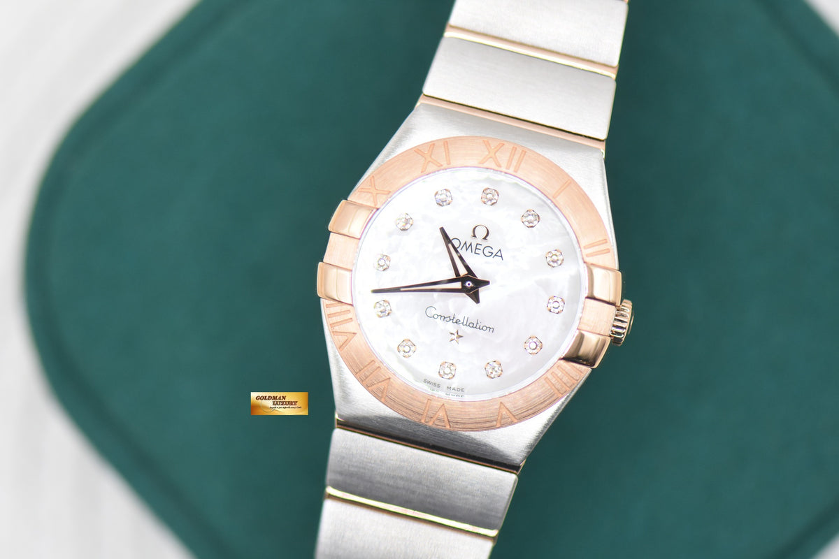 OMEGA CONSTELLATION 27mm HALF-RED GOLD IN BRACELET MOP DIAMOND DIAL QUARTZ 123.20.27.60.55.001 (LNIB)