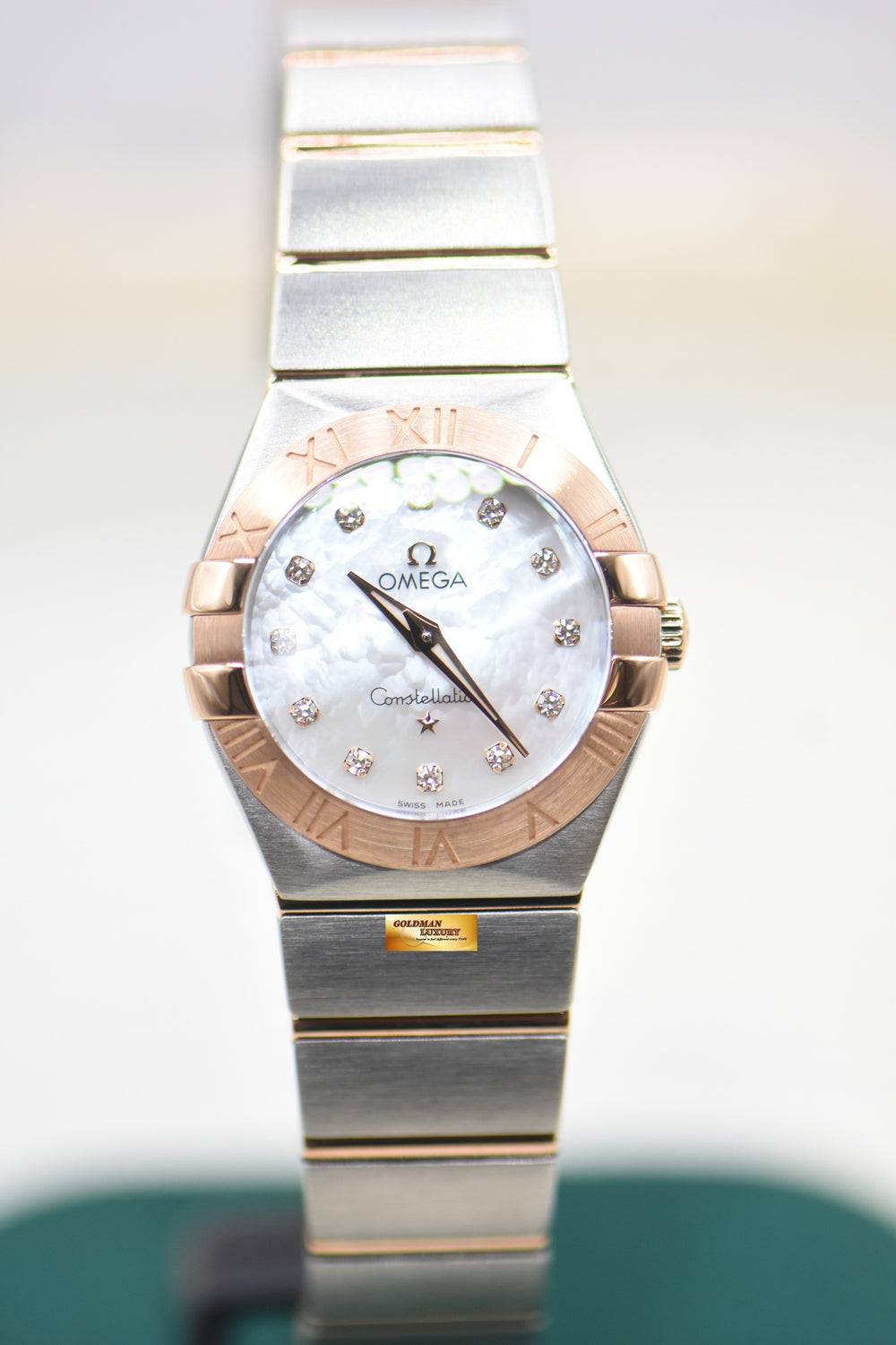 OMEGA CONSTELLATION 27mm HALF-RED GOLD IN BRACELET MOP DIAMOND DIAL QUARTZ 123.20.27.60.55.001 (LNIB)