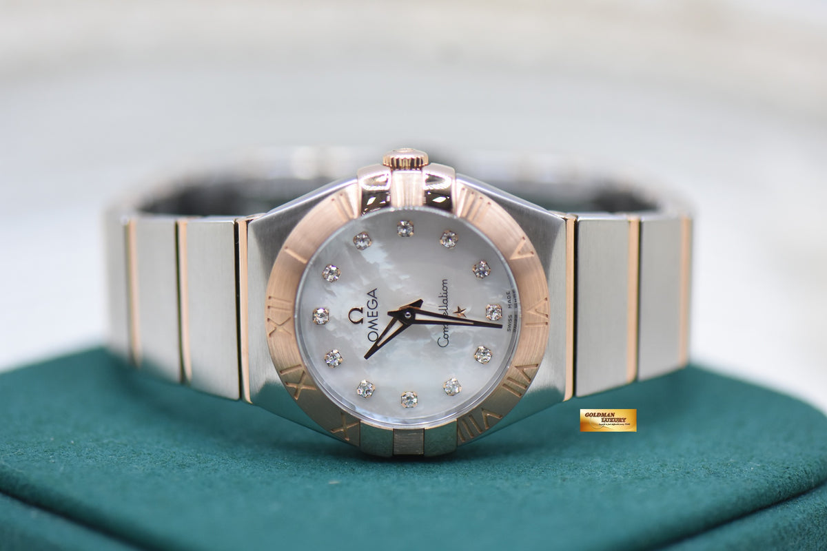 OMEGA CONSTELLATION 27mm HALF-RED GOLD IN BRACELET MOP DIAMOND DIAL QUARTZ 123.20.27.60.55.001 (LNIB)