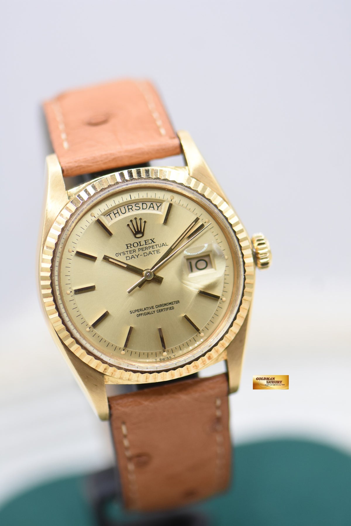 ROLEX OYSTER DAY-DATE 36mm YELLOW GOLD IN LEATHER STRAP GOLD DIAL (NON-QUICK-SET DATE) 1803 (VINTAGE)