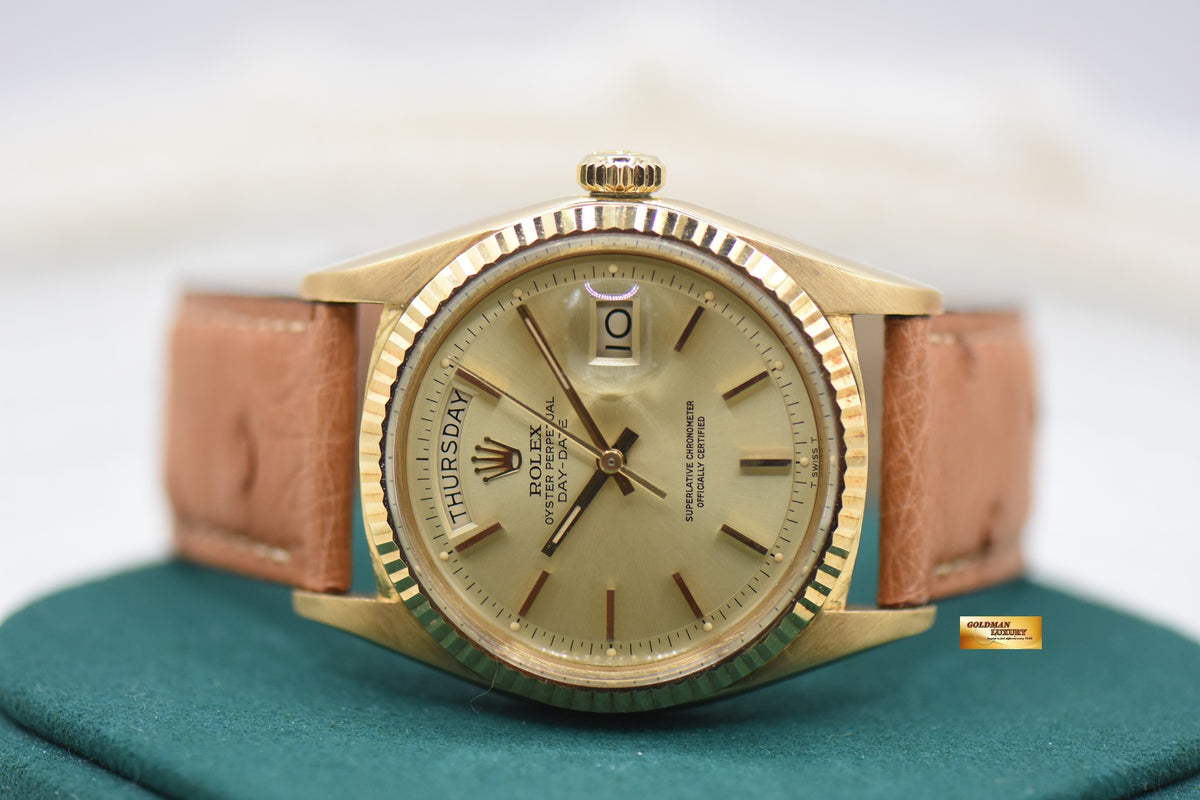 ROLEX OYSTER DAY-DATE 36mm YELLOW GOLD IN LEATHER STRAP GOLD DIAL (NON-QUICK-SET DATE) 1803 (VINTAGE)
