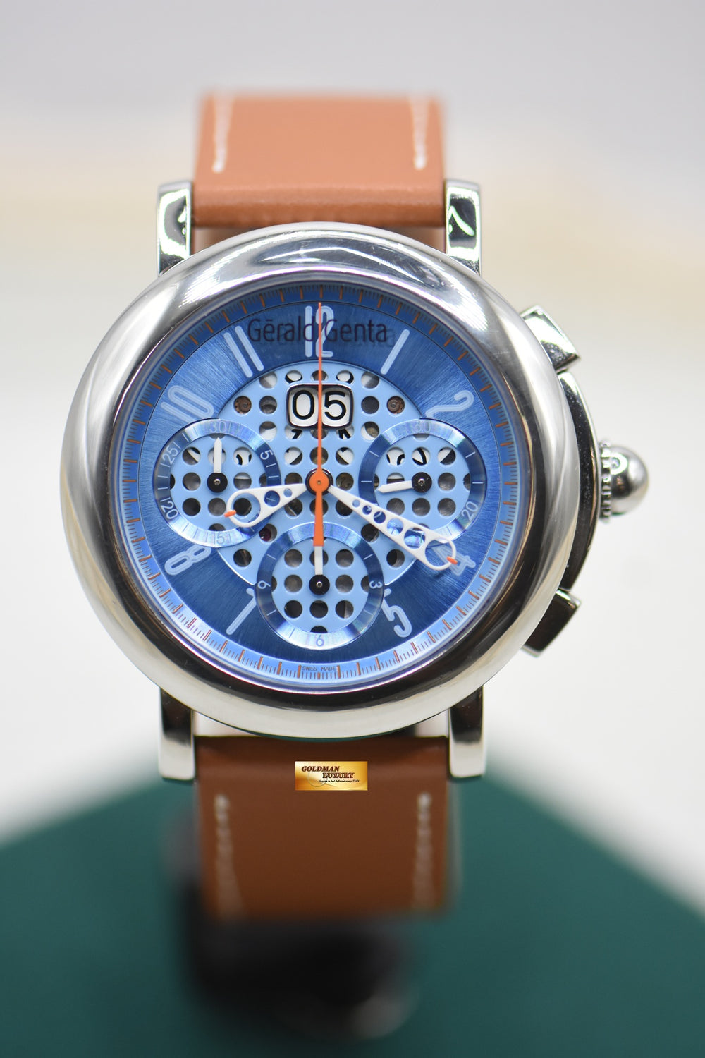 GERALD GENTA ARENA CHRONO SPORT 41mm STEEL BLUE SKELETON DIAL CHS.X.10 (MINT)