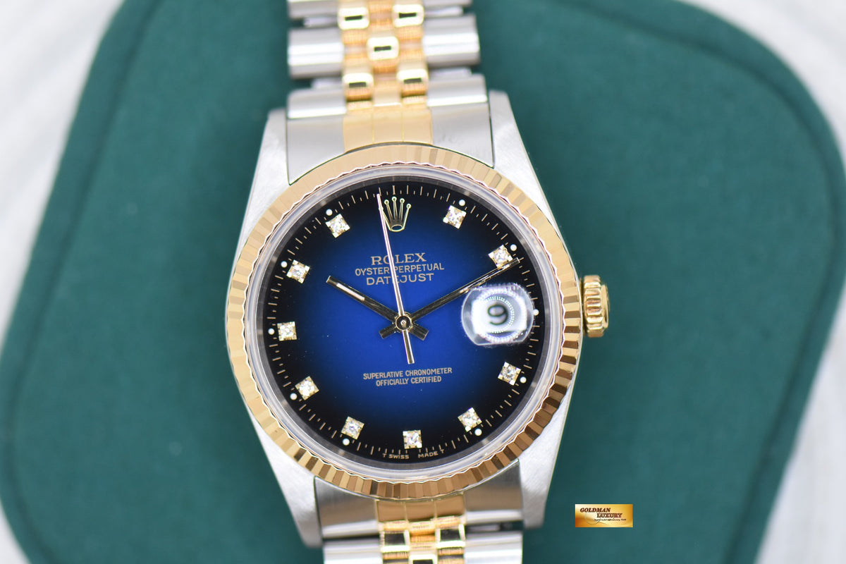 [SOLD] ROLEX OYSTER DATEJUST 36mm HALF -GOLD IN JUBILEE BRACELET BLUE VIGNETTE DIAMOND DIAL 16233 (MINT)