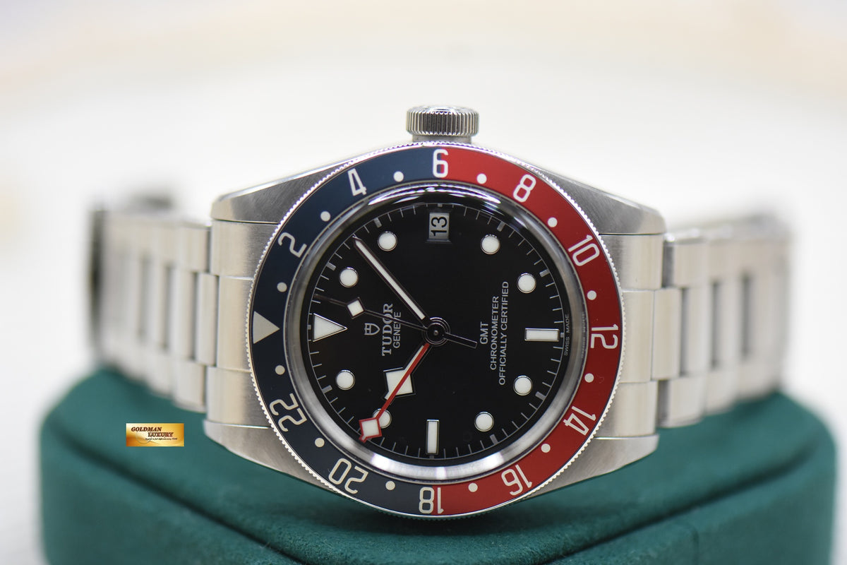 [SOLD] TUDOR BLACK BAY GMT PEPSI RED / BLUE 41mm BLACK DIAL STEEL IN RIVETED BRACELET 79830RB AUTOMATIC (MINT)