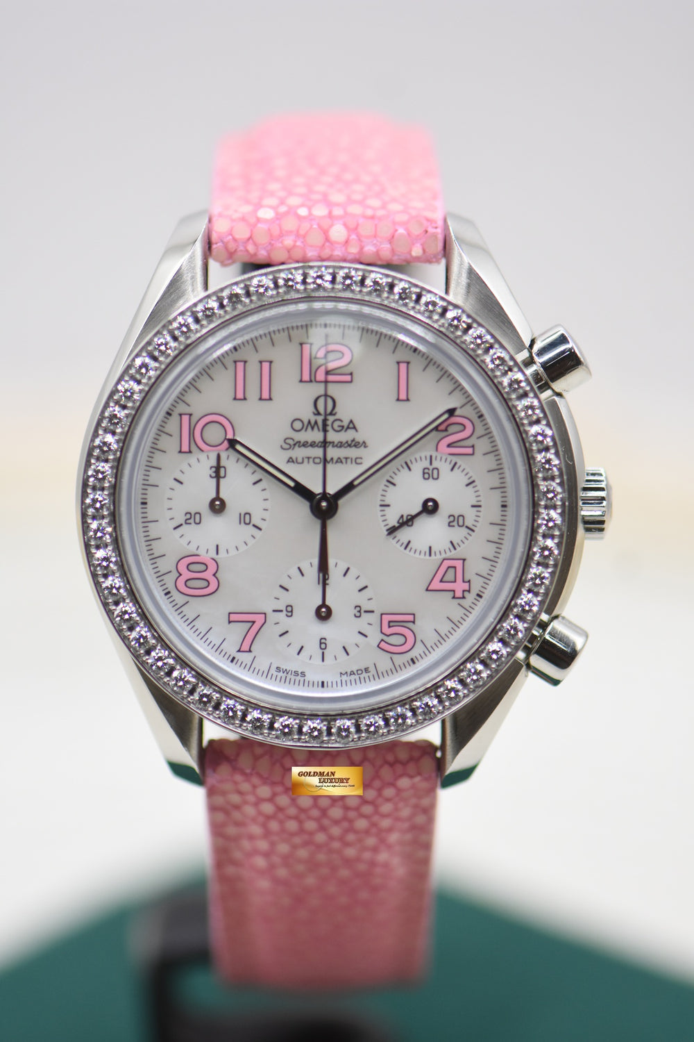 OMEGA SPEEDMASTER CHRONOGRAPH REDUCED 35.5mm STEEL IN PINK LEATHER MOP DIAL DIAMOND BEZEL 3835.7434 (LIKE NEW)