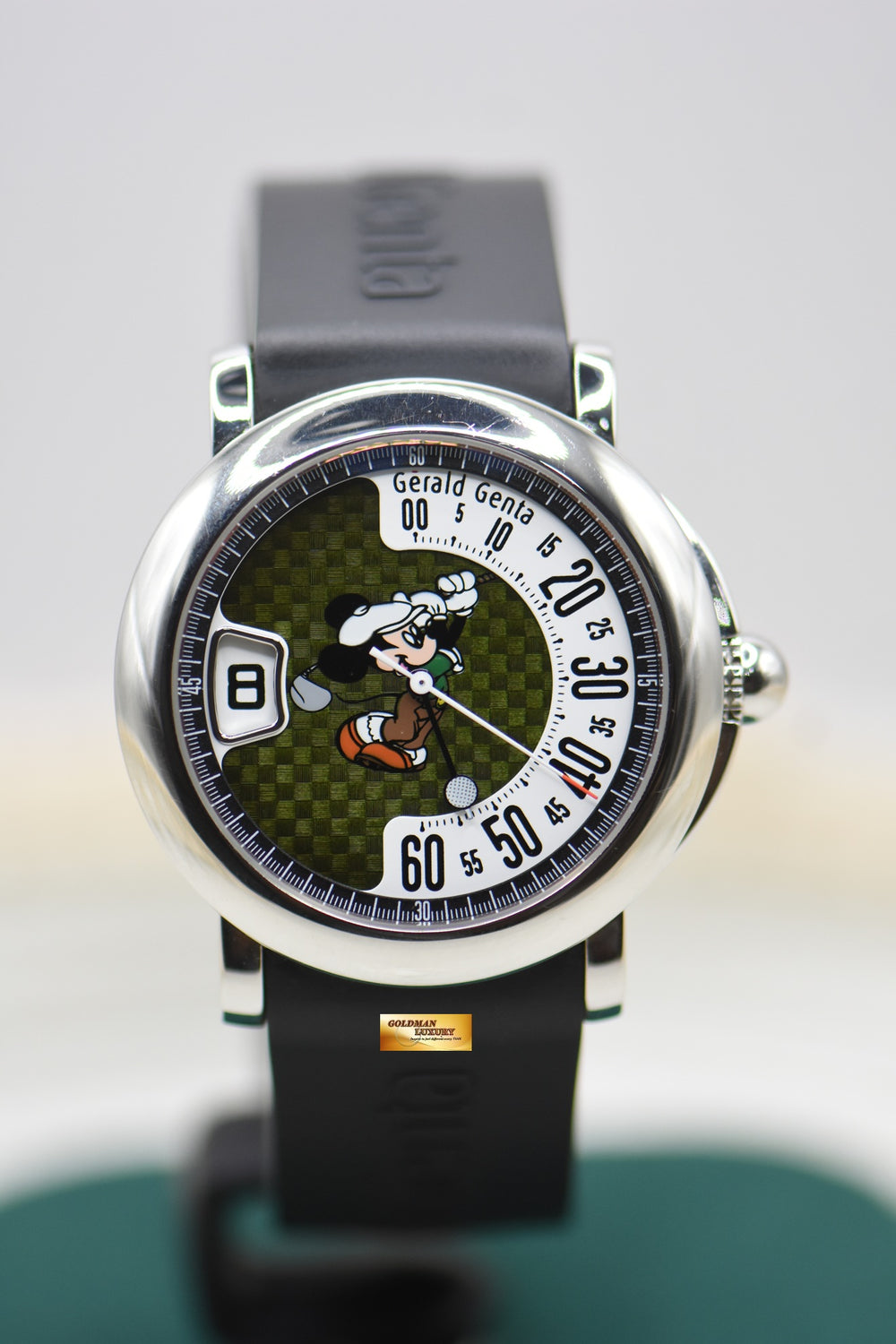 GERALD GENTA DISNEY FANTASY 39mm MICKEY MOUSE GOLF GREEN CARBON FIBRE DIAL STEEL JUMPING HOUR AUTOMATIC RSF.L.10.140 (RARE-MINT)
