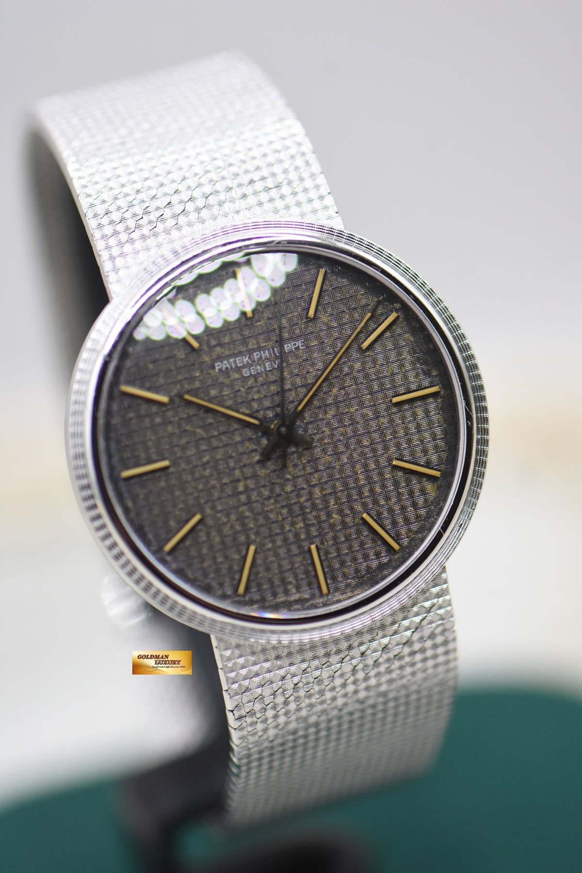PATEK PHILIPPE CALATRAVA 35mm WHITE GOLD IN BASKETWEAVE BRACELET TEXTURED “CLOUS De PARIS DIAL (UNPOLISHED-RARE)