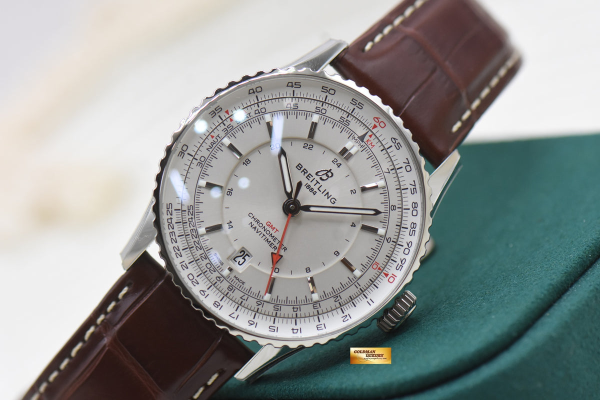 BREITLING NAVITIMER GMT 41mm STEEL IN LEATHER STRAP SILVER DIAL AUTOMATIC A32310 (LNIB-STICKERS INTACT)