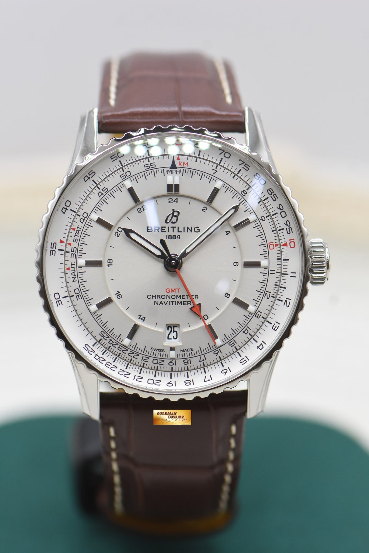 BREITLING NAVITIMER GMT 41mm STEEL IN LEATHER STRAP SILVER DIAL AUTOMATIC A32310 (LNIB-STICKERS INTACT)